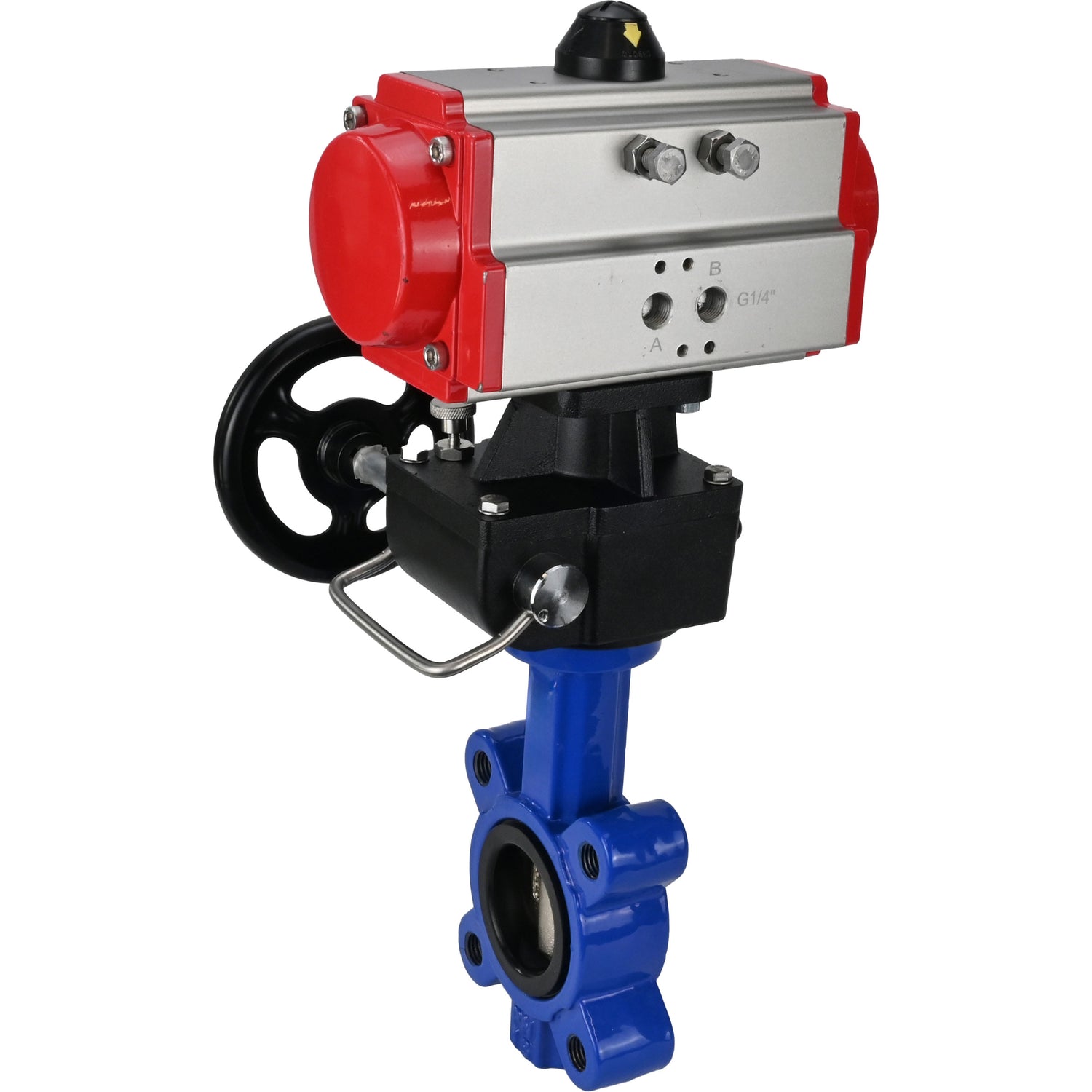 Vanne papillon d'eau Elephant WBV1616N-2W-Fb-H, matériau du corps - fonte QT450, matériau du disque - fonte QT450, joint - NBR, avec actionneur pneumatique double effet PA-DA, volant MON