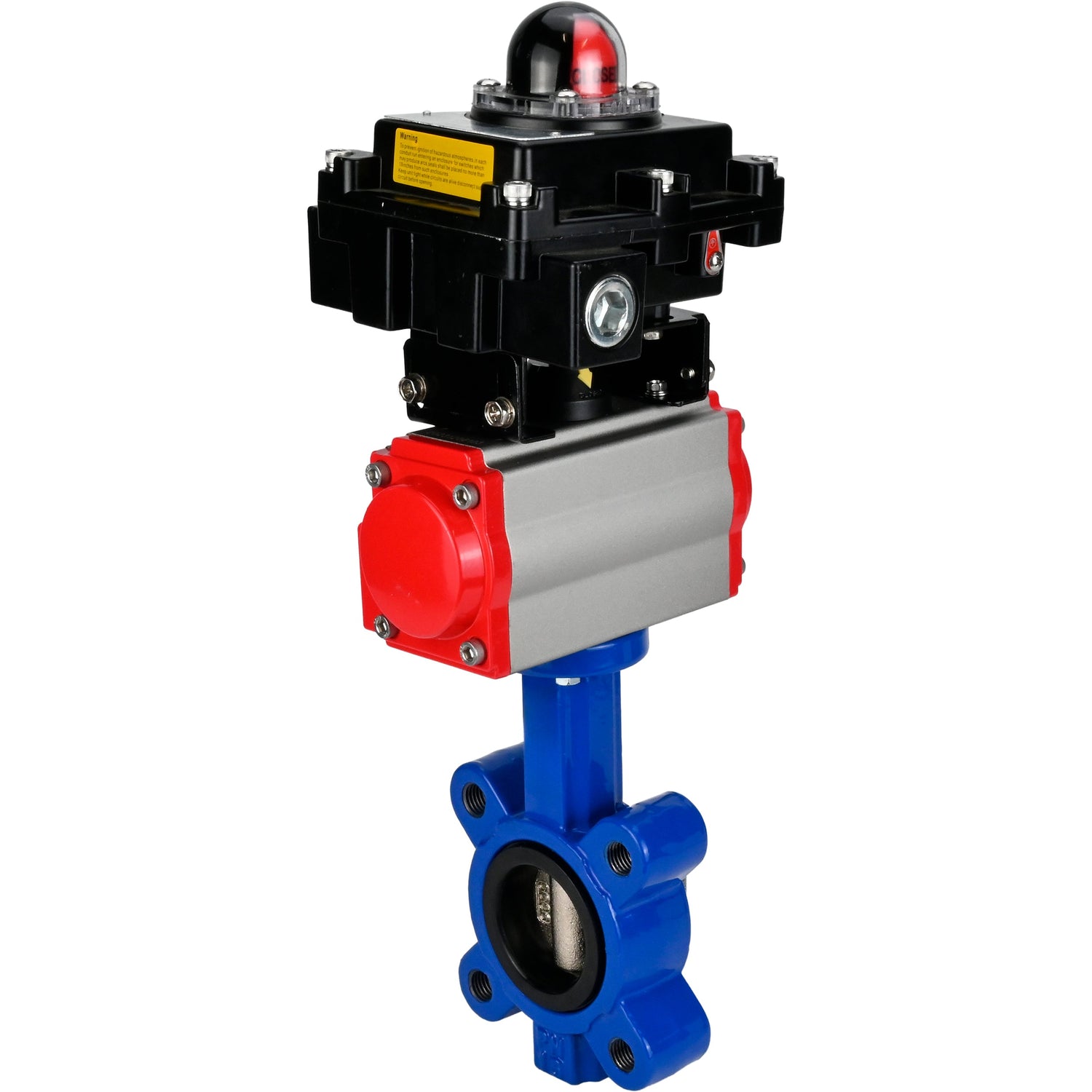 Vanne papillon d'eau Elephant WBV1616N-2W-Fb-H, matériau du corps - fonte QT450, matériau du disque - fonte QT450, joint - NBR, avec actionneur pneumatique double action PA-DA, BKV APL-410N EX