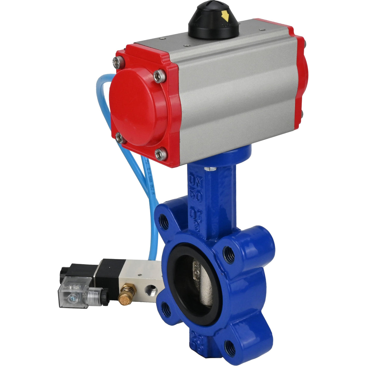 Vanne papillon d'eau Elephant WBV1616E-2W-Fb-H, matériau du corps - fonte QT450, matériau du disque - fonte QT450, joint - EPDM, actionneur pneumatique PA-SA avec ressorts de rappel, 4V320-08 220V