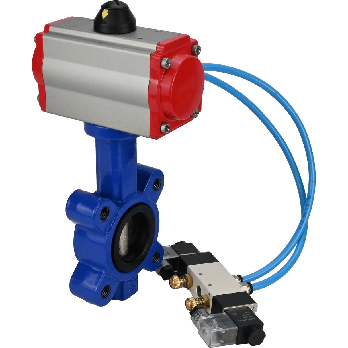 Vanne papillon d'eau Elephant WBV1616E-2W-Fb-H, matériau du corps - fonte QT450, matériau du disque - fonte QT450, joint - EPDM, actionneur pneumatique PA-SA avec ressorts de rappel, 4V320-08 220V