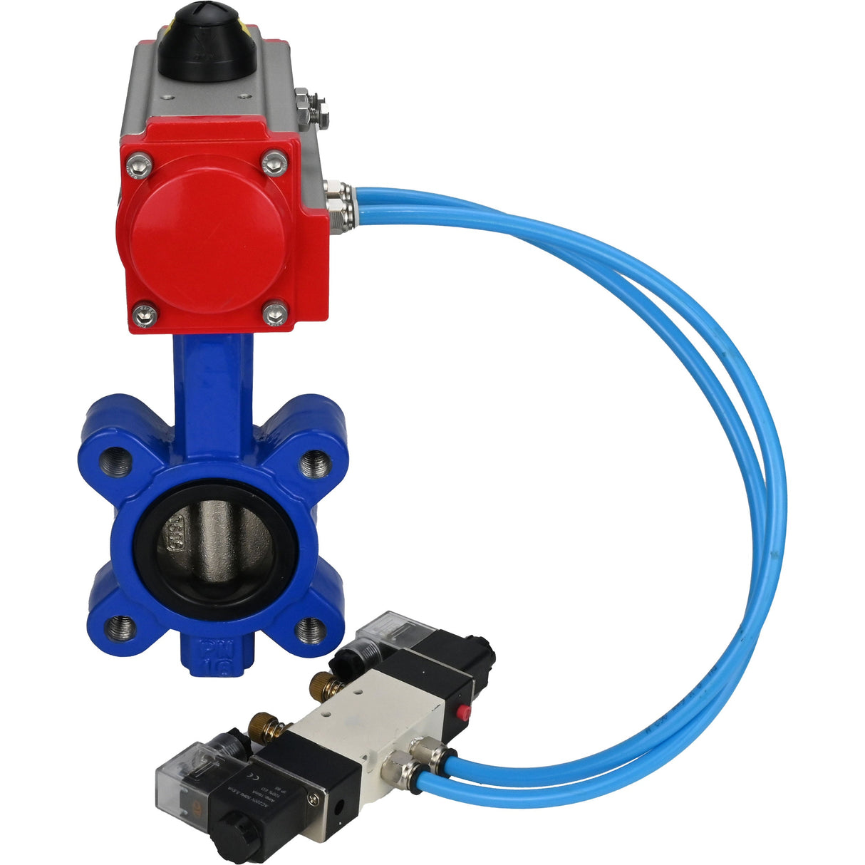 Vanne papillon d'eau Elephant WBV1616N-2W-Fb-H, matériau du corps - fonte QT450, matériau du disque - fonte QT450, joint - NBR, actionneur pneumatique PA-SA avec ressorts de rappel, 4V320-08 220V