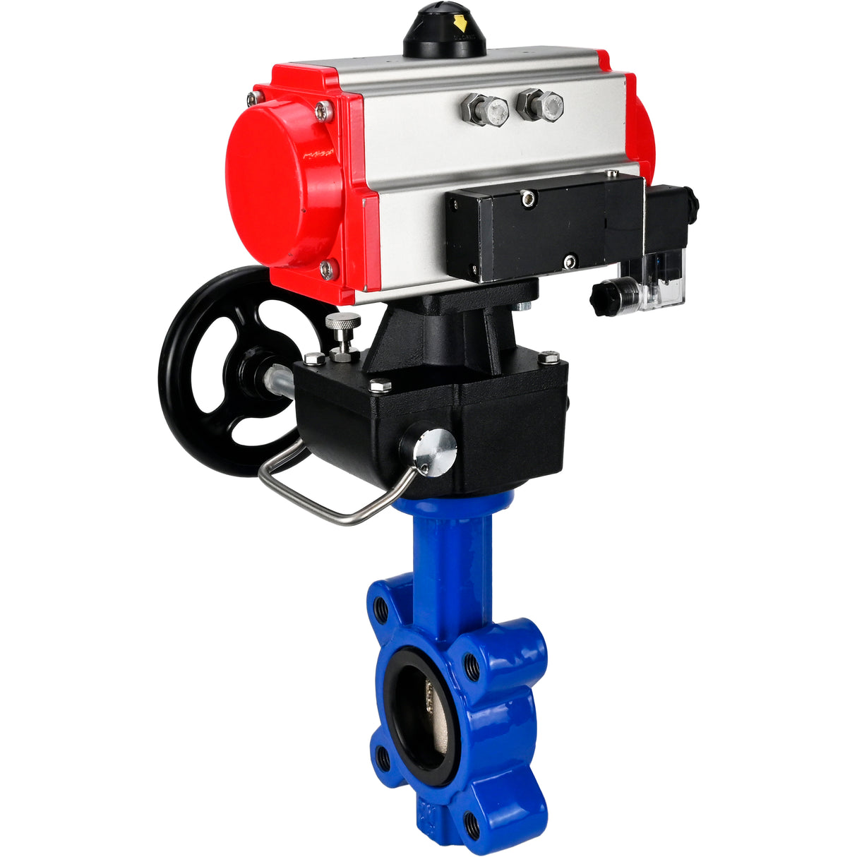 Vanne papillon d'eau Elephant WBV1616N-2W-Fb-H, matériau du corps - fonte QT450, matériau du disque - fonte QT450, joint - NBR, avec actionneur pneumatique double effet PA-DA, 4M310-08 24V, volant MON