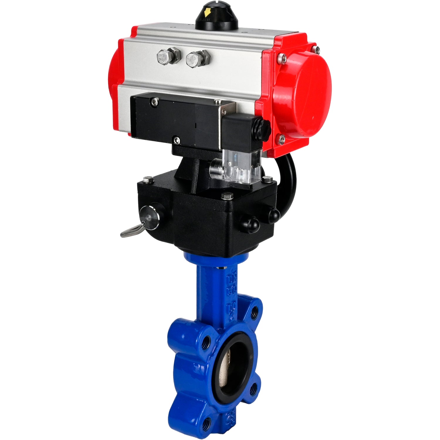 Vanne papillon d'eau Elephant WBV1616N-2W-Fb-H, matériau du corps - fonte QT450, matériau du disque - fonte QT450, joint - NBR, avec actionneur pneumatique double effet PA-DA, 4M310-08 24V, volant MON