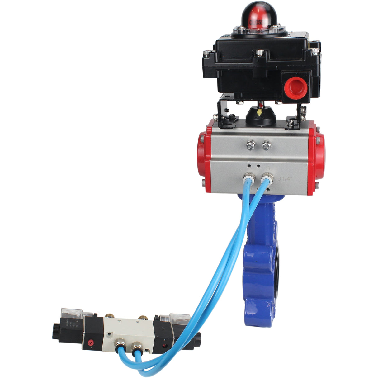 Vanne papillon d'eau Elephant WBV1616N-2W-Fb-H, matériau du corps - fonte QT450, matériau du disque - fonte QT450, joint - NBR, actionneur pneumatique PA-SA avec ressorts de rappel, 4V320-08 220V, BKV APL-410N EX