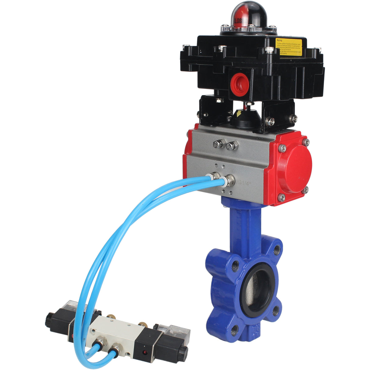 Vanne papillon d'eau Elephant WBV1616E-2W-Fb-H, matériau du corps - fonte QT450, matériau du disque - fonte QT450, joint - EPDM, actionneur pneumatique PA-SA avec ressorts de rappel, 4V320-08 220V, BKV APL-410N EX