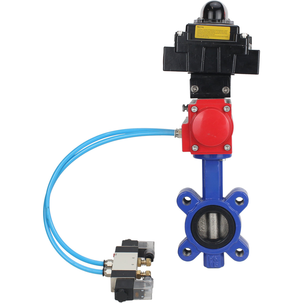 Vanne papillon d'eau Elephant WBV1616E-2W-Fb-H, matériau du corps - fonte QT450, matériau du disque - fonte QT450, joint - EPDM, actionneur pneumatique PA-SA avec ressorts de rappel, 4V320-10 220V, BKV APL-410N EX