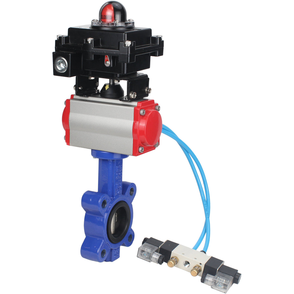 Vanne papillon d'eau Elephant WBV1616N-2W-Fb-H, matériau du corps - fonte QT450, matériau du disque - fonte QT450, joint - NBR, actionneur pneumatique PA-SA avec ressorts de rappel, 4V320-08 220V, BKV APL-410N EX