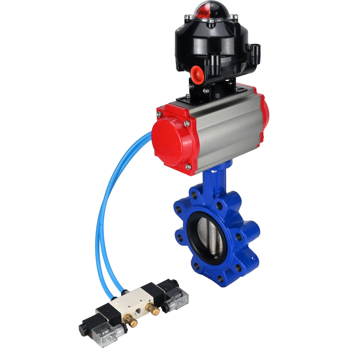 Vanne papillon d'eau Elephant WBV1616E-2W-Fb-H, matériau du corps - fonte QT450, matériau du disque - fonte QT450, joint - EPDM, actionneur pneumatique PA-SA avec ressorts de rappel, 4V320-08 220V, BKV APL-510N EX