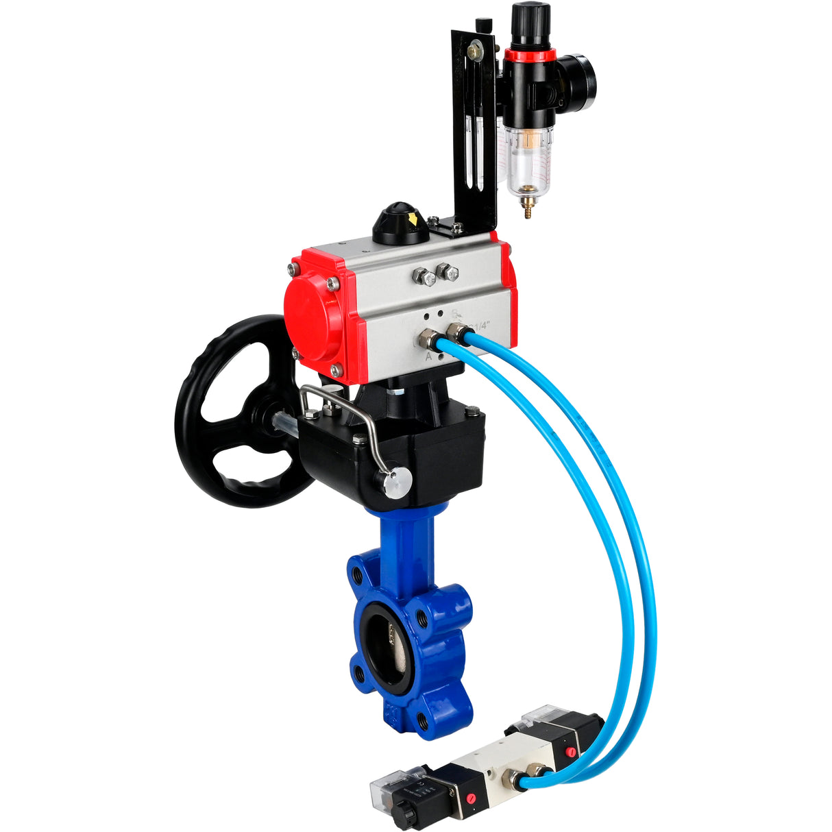 Vanne papillon d'eau Elephant WBV1616N-2W-Fb-H, matériau du corps - fonte QT450, matériau du disque - fonte QT450, joint - NBR, avec actionneur pneumatique double effet PA-DA, 4V320-10 220V, volant MON, BPV AFC2000