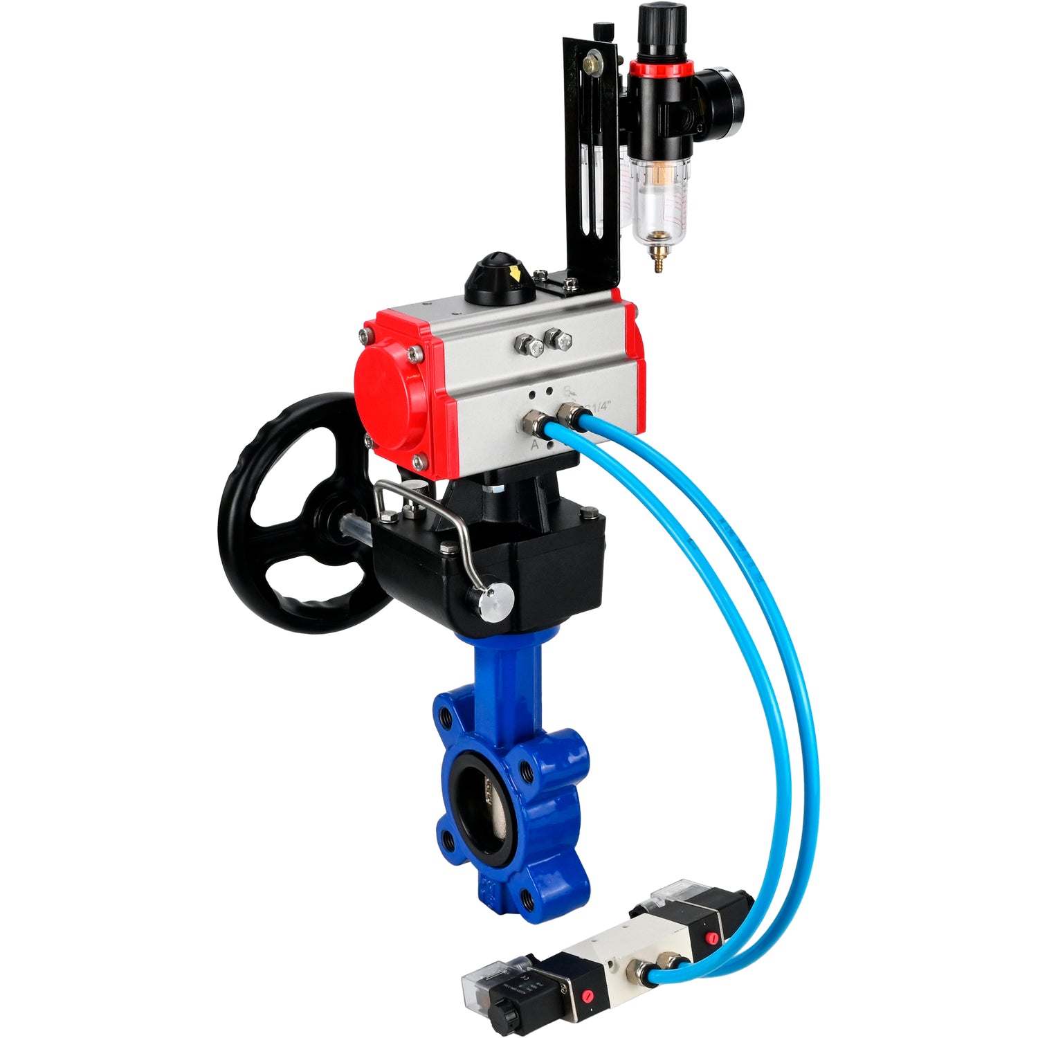 Vanne papillon d'eau Elephant WBV1616N-2W-Fb-H, matériau du corps - fonte QT450, matériau du disque - fonte QT450, joint - NBR, avec actionneur pneumatique double effet PA-DA, 4V320-10 220V, volant MON, BPV AFC2000