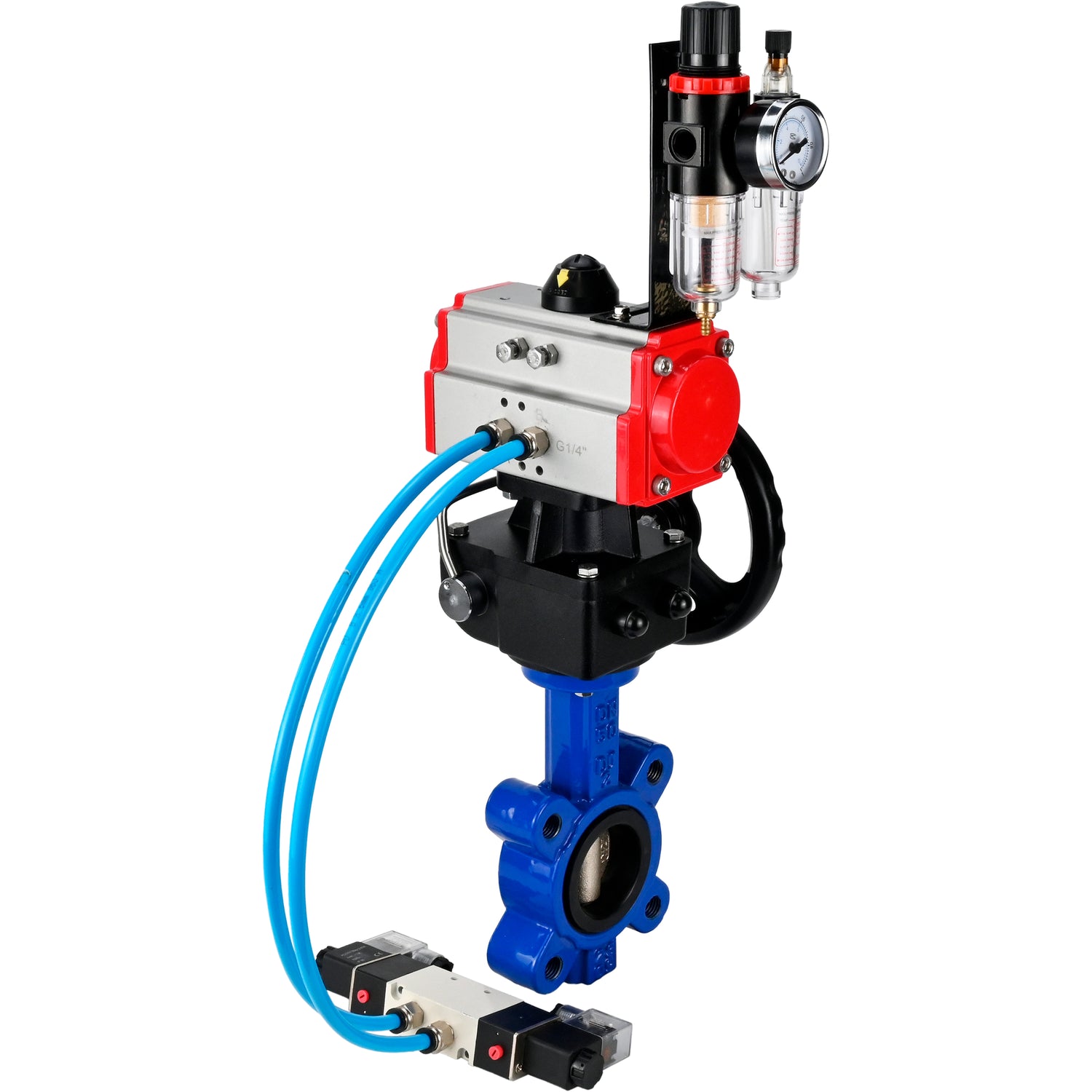 Vanne papillon d'eau Elephant WBV1616N-2W-Fb-H, matériau du corps - fonte QT450, matériau du disque - fonte QT450, joint - NBR, avec actionneur pneumatique double effet PA-DA, 4V320-10 220V, volant MON, BPV AFC2000