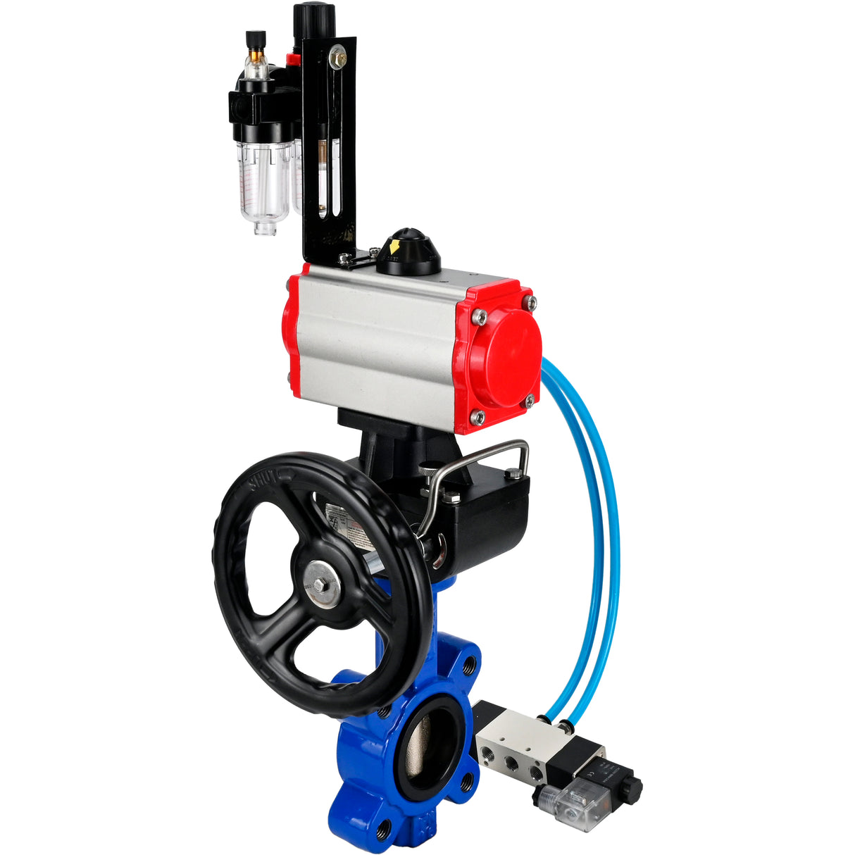 Vanne papillon d'eau Elephant WBV1616N-2W-Fb-H, matériau du corps - fonte QT450, matériau du disque - fonte QT450, joint - NBR, avec actionneur pneumatique double effet PA-DA, 4V320-10 220V, volant MON, BPV AFC2000