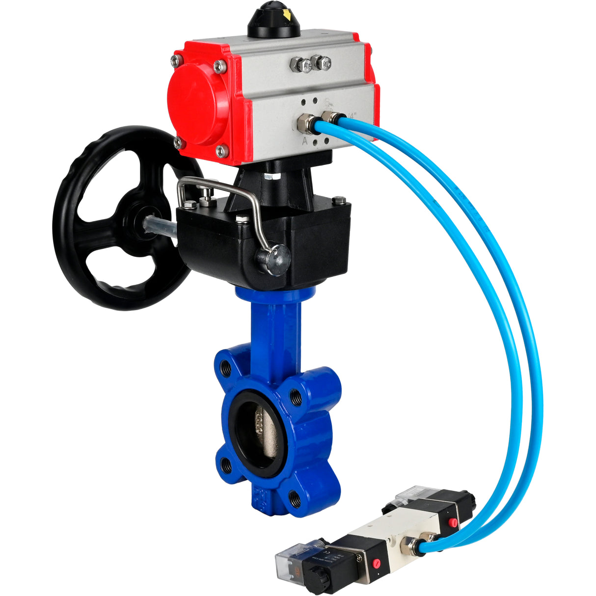 Vanne papillon d'eau Elephant WBV1616N-2W-Fb-H, matériau du corps - fonte QT450, matériau du disque - fonte QT450, joint - NBR, avec actionneur pneumatique double effet PA-DA, 4V320-08 220V, volant MON