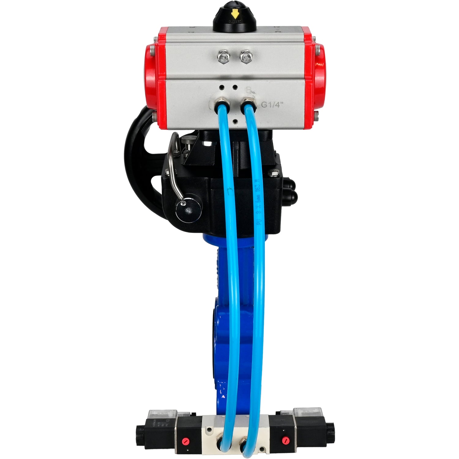 Vanne papillon d'eau Elephant WBV1616N-2W-Fb-H, matériau du corps - fonte QT450, matériau du disque - fonte QT450, joint - NBR, avec actionneur pneumatique double effet PA-DA, 4V320-08 220V, volant MON