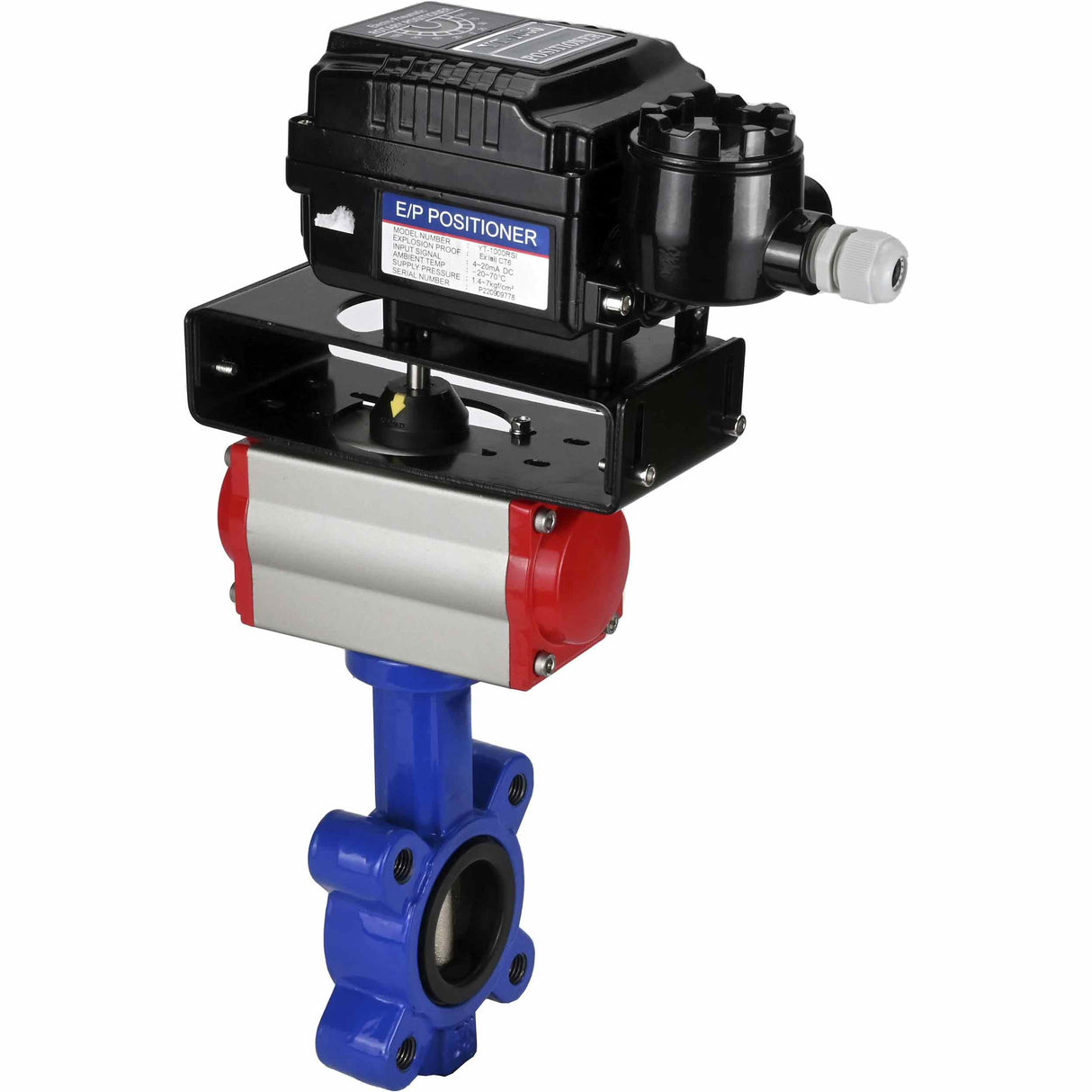 Vanne papillon d'eau Elephant WBV1616E-2W-Fb-H, matériau du corps - fonte QT450, matériau du disque - fonte QT450, joint - EPDM, actionneur pneumatique PA-SA avec ressorts de rappel, positionneur YT-1000RSN sans rétroaction