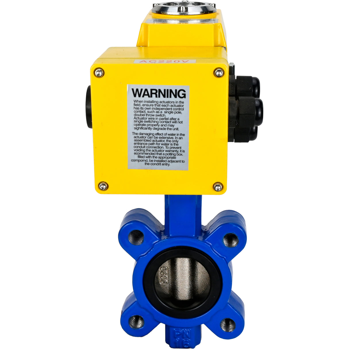 Vanne papillon d'eau Elephant WBV1616E-2W-Fb-H, matériau du corps - fonte QT450, matériau du disque - fonte QT450, joint - EPDM, actionneur électrique QT-N-EM-A1-220VAC-U1 220V