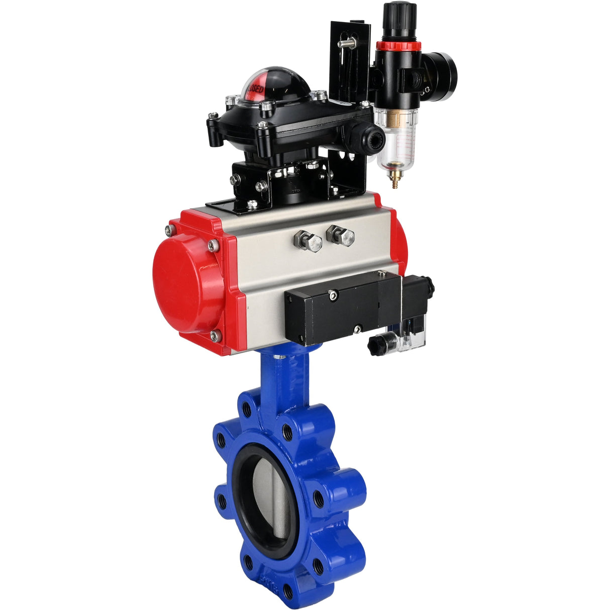 Vanne papillon d'eau Elephant WBV1631E-2W-Fb-H, matériau du corps - fonte QT450, matériau du disque - acier inoxydable AISI 304, joint - EPDM, actionneur pneumatique PA-SA avec ressorts de rappel, 4M310-08 220V, BKV APL-210N BPV AFC2000