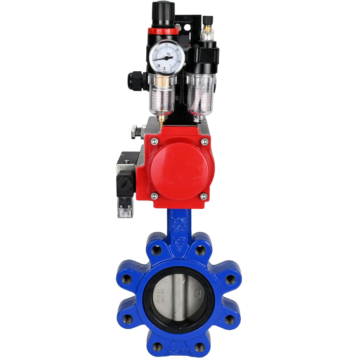 Vanne papillon d'eau Elephant WBV1631N-2W-Fb-H, matériau du corps - fonte QT450, matériau du disque - acier inoxydable AISI 304, joint - NBR, actionneur pneumatique PA-DA double action, 4M310-08 220V, BKV APL-210N BPV AFC2000