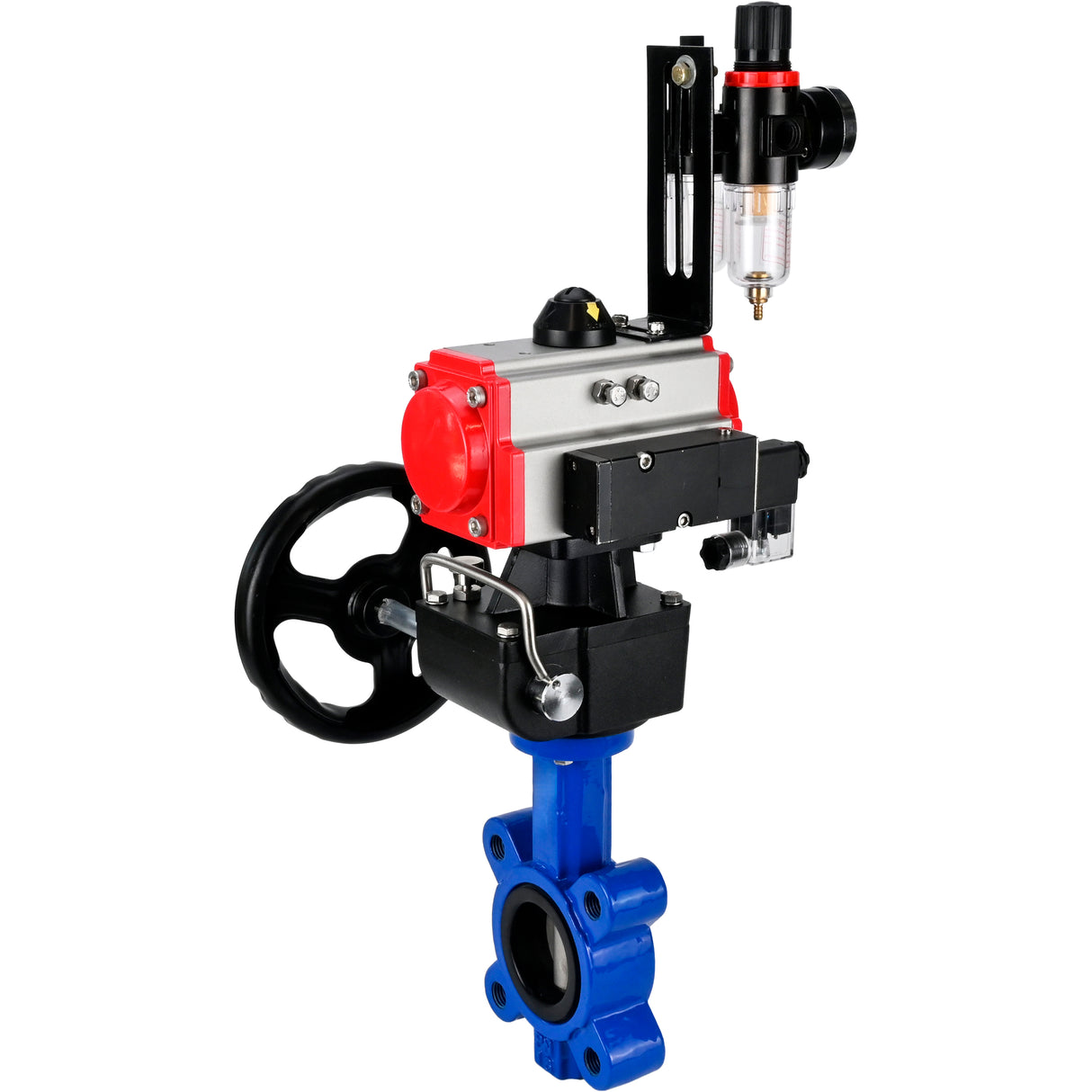 Vanne papillon d'eau Elephant WBV1631N-2W-Fb-H, matériau du corps - fonte QT450, matériau du disque - acier inoxydable AISI 304, joint - NBR, actionneur pneumatique PA-DA double action, volant manuel 4M310-08 220V MON, BPV AFC2000