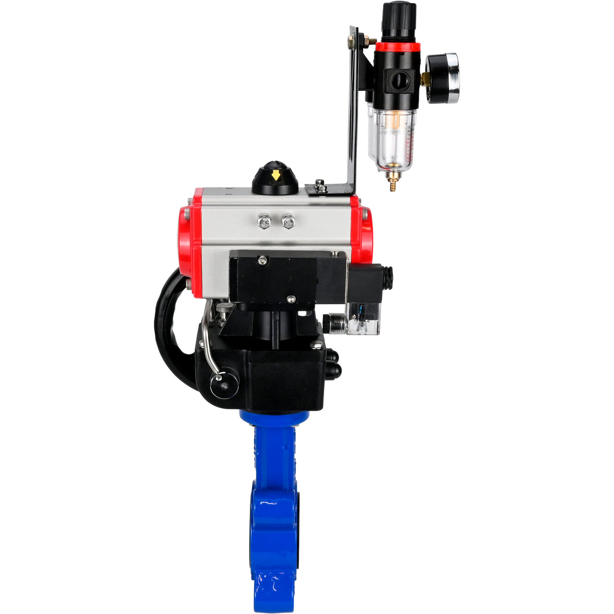 Vanne papillon d'eau Elephant WBV1631N-2W-Fb-H, matériau du corps - fonte QT450, matériau du disque - acier inoxydable AISI 304, joint - NBR, actionneur pneumatique PA-DA double action, volant manuel 4M310-08 220V MON, BPV AFC2000