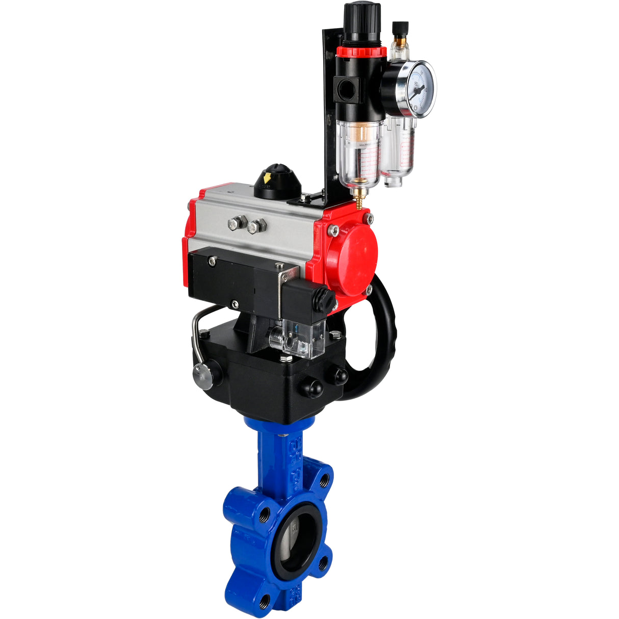 Vanne papillon d'eau Elephant WBV1631N-2W-Fb-H, matériau du corps - fonte QT450, matériau du disque - acier inoxydable AISI 304, joint - NBR, actionneur pneumatique PA-DA double action, volant manuel 4M310-08 220V MON, BPV AFC2000