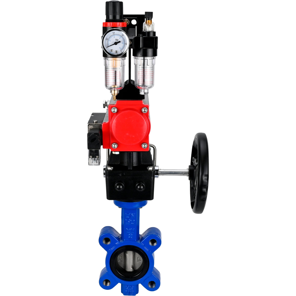 Vanne papillon d'eau Elephant WBV1631N-2W-Fb-H, matériau du corps - fonte QT450, matériau du disque - acier inoxydable AISI 304, joint - NBR, actionneur pneumatique PA-DA double action, volant manuel 4M310-08 220V MON, BPV AFC2000