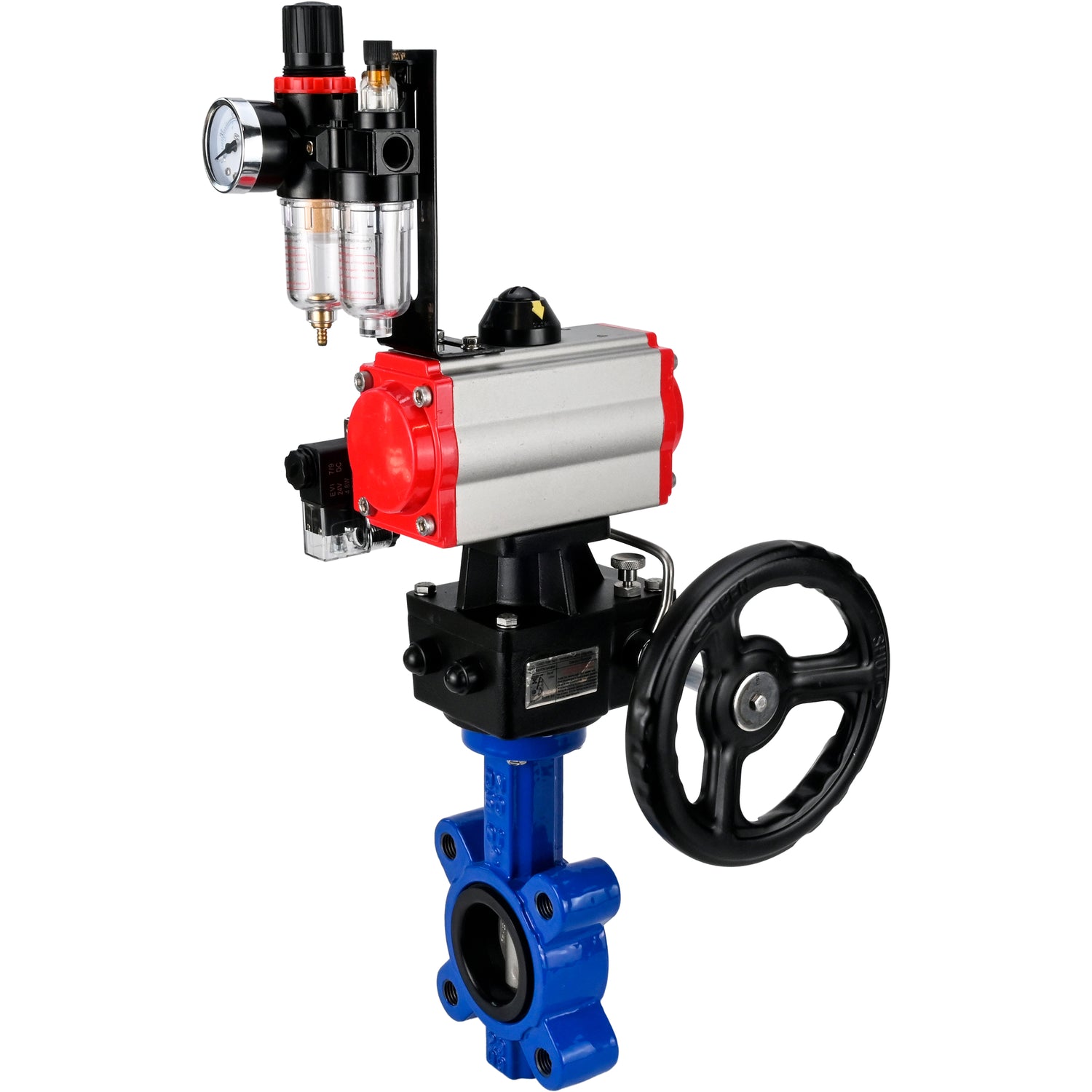 Vanne papillon d'eau Elephant WBV1631N-2W-Fb-H, matériau du corps - fonte QT450, matériau du disque - acier inoxydable AISI 304, joint - NBR, actionneur pneumatique PA-DA double action, volant manuel 4M310-08 220V MON, BPV AFC2000