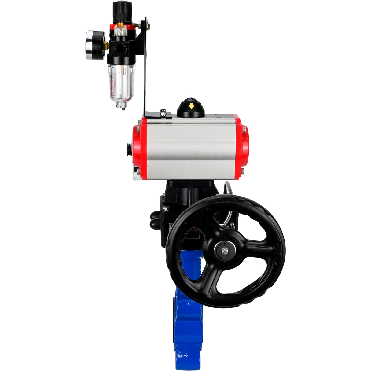 Vanne papillon d'eau Elephant WBV1631N-2W-Fb-H, matériau du corps - fonte QT450, matériau du disque - acier inoxydable AISI 304, joint - NBR, actionneur pneumatique PA-DA double action, volant manuel 4M310-08 220V MON, BPV AFC2000