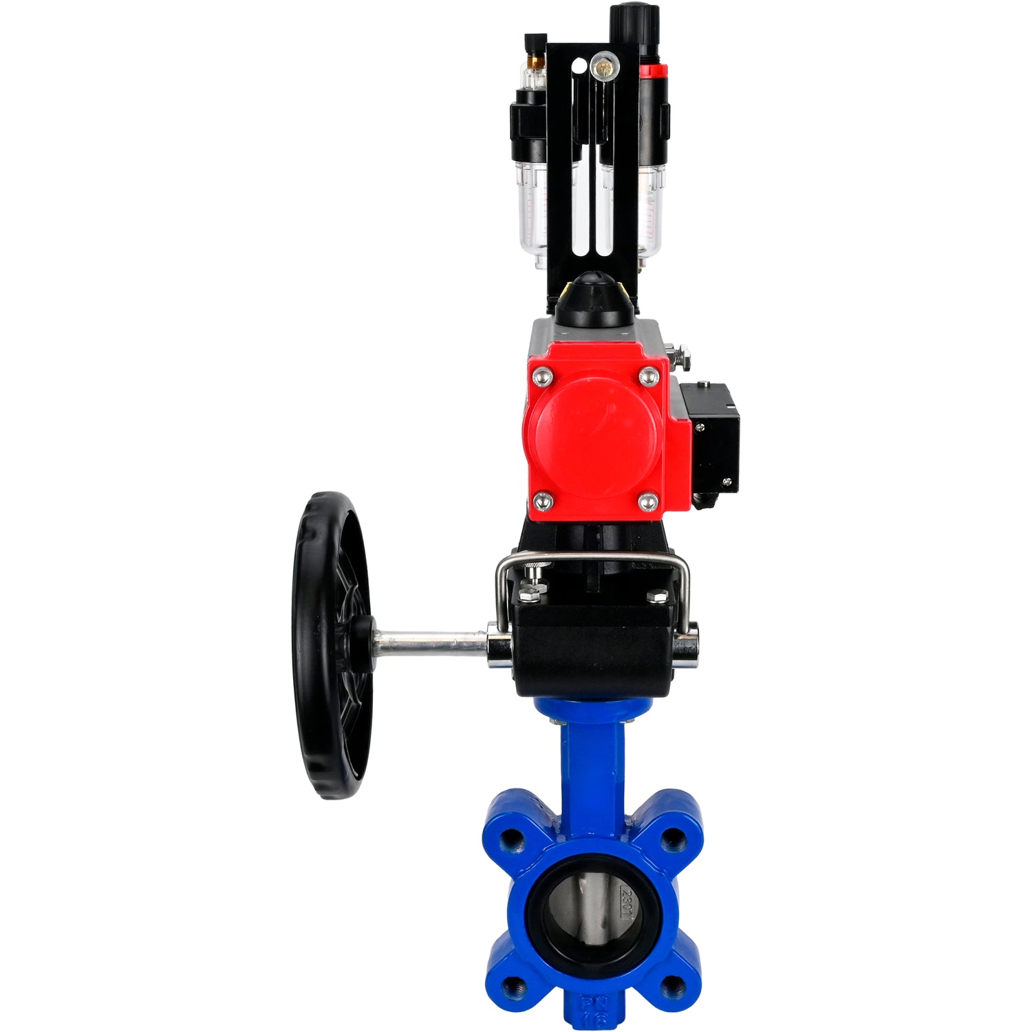 Vanne papillon d'eau Elephant WBV1631N-2W-Fb-H, matériau du corps - fonte QT450, matériau du disque - acier inoxydable AISI 304, joint - NBR, actionneur pneumatique PA-DA double action, volant manuel 4M310-08 220V MON, BPV AFC2000