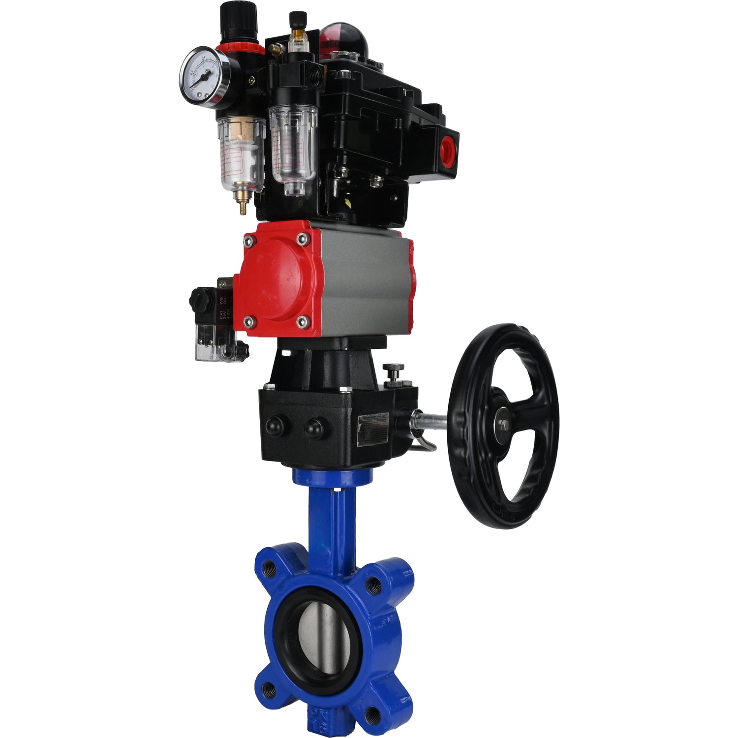 Vanne papillon d'eau Elephant WBV1631N-2W-Fb-H, matériau du corps - fonte QT450, matériau du disque - acier inoxydable AISI 304, joint - NBR, actionneur pneumatique PA-DA double action, 4M310-08 220V, BKV APL-410N EX, volant MON, BPV AFC2000