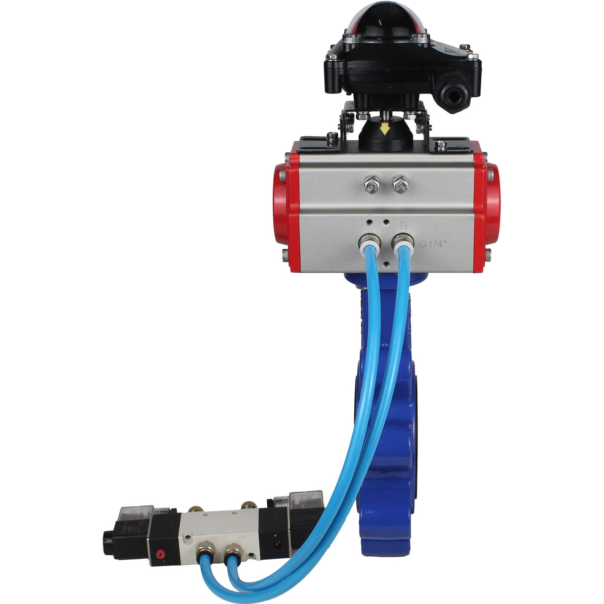 Vanne papillon d'eau Elephant WBV1631N-2W-Fb-H, matériau du corps - fonte QT450, matériau du disque - acier inoxydable AISI 304, joint - NBR, actionneur pneumatique PA-SA avec ressorts de rappel, 4V320-08 220V, BKV APL-210N