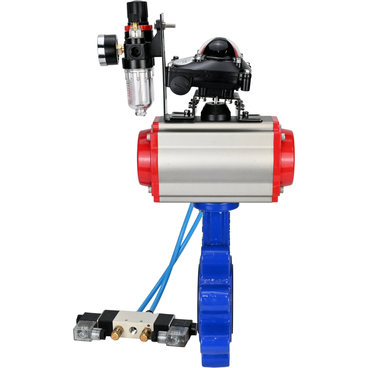 Vanne papillon d'eau Elephant WBV1631E-2W-Fb-H, matériau du corps - fonte QT450, matériau du disque - acier inoxydable AISI 304, joint - EPDM, actionneur pneumatique PA-SA avec ressorts de rappel, 4V320-10 220V, BKV APL-210N BPV AFC2000