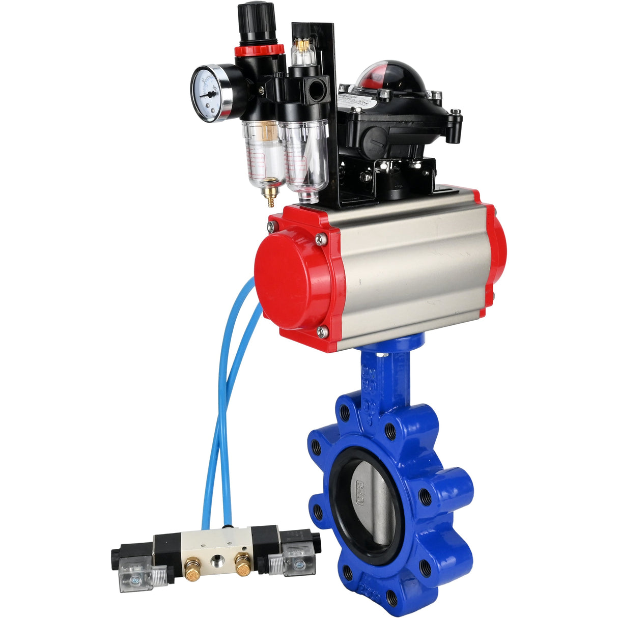 Vanne papillon d'eau Elephant WBV1631E-2W-Fb-H, matériau du corps - fonte QT450, matériau du disque - acier inoxydable AISI 304, joint - EPDM, actionneur pneumatique PA-SA avec ressorts de rappel, 4V320-08 220V, BKV APL-210N BPV AFC2000