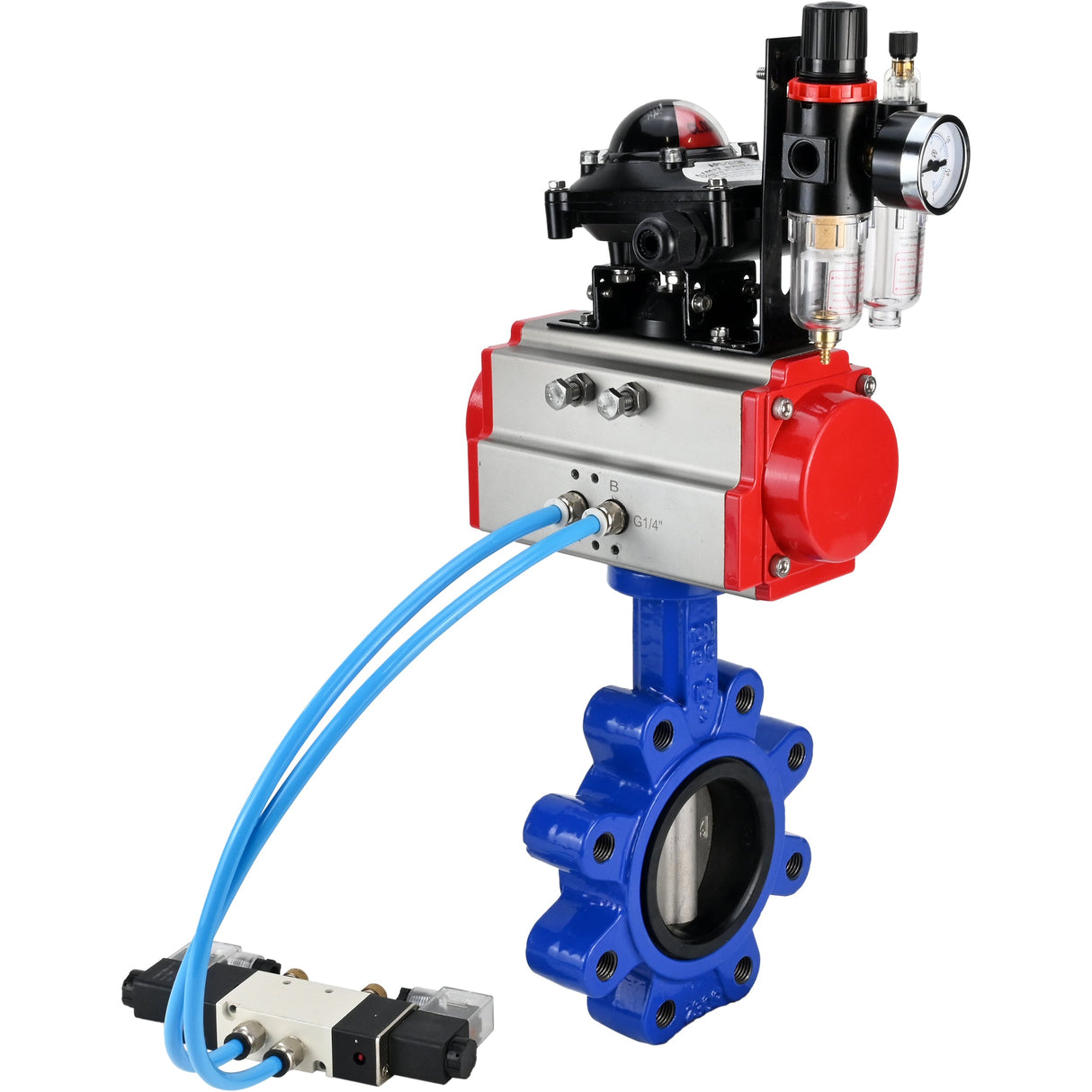 Vanne papillon d'eau Elephant WBV1631E-2W-Fb-H, matériau du corps - fonte QT450, matériau du disque - acier inoxydable AISI 304, joint - EPDM, actionneur pneumatique PA-SA avec ressorts de rappel, 4V320-10 220V, BKV APL-210N BPV AFC2000