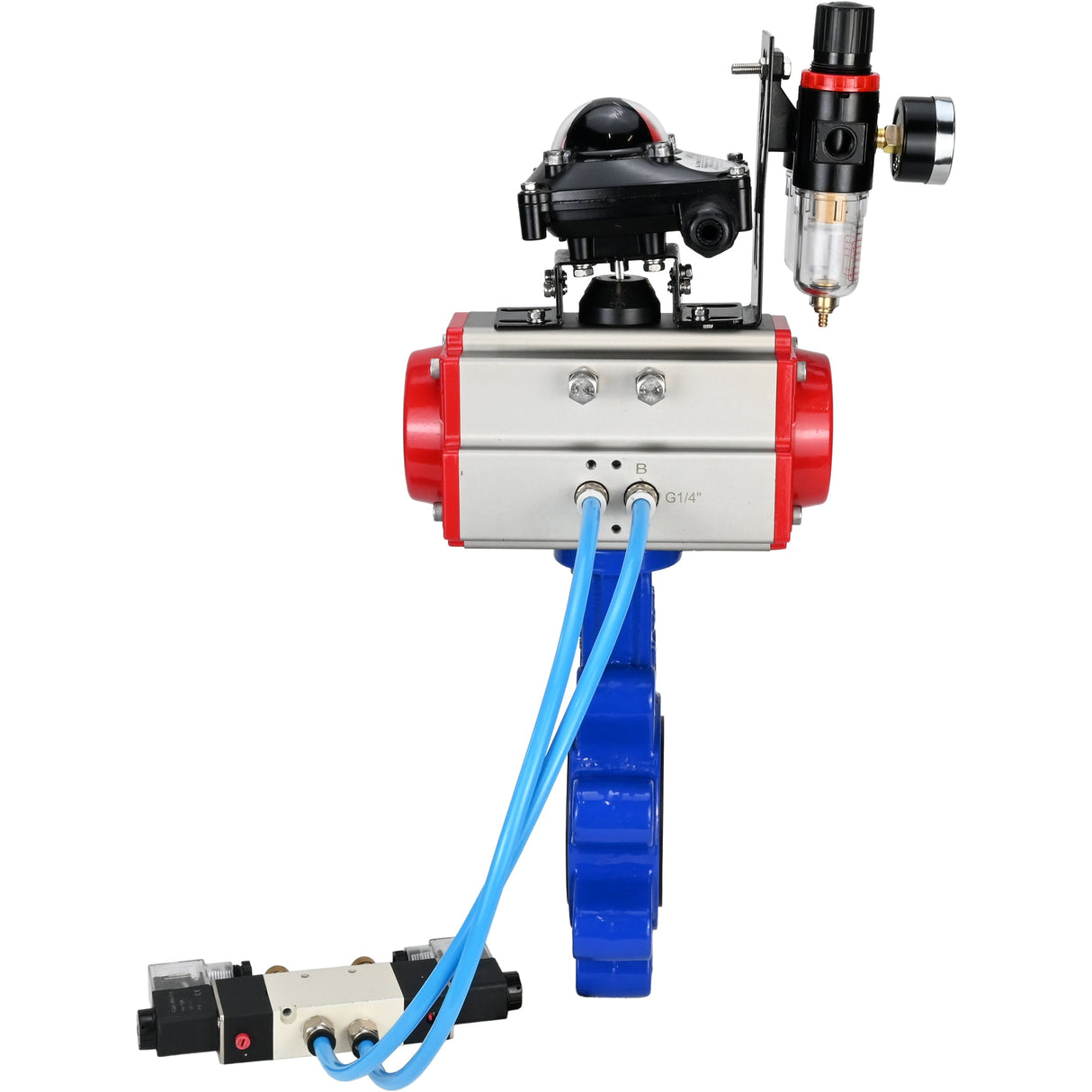 Vanne papillon d'eau Elephant WBV1631N-2W-Fb-H, matériau du corps - fonte QT450, matériau du disque - acier inoxydable AISI 304, joint - NBR, actionneur pneumatique PA-SA avec ressorts de rappel, 4V320-08 220V, BKV APL-210N BPV AFC2000