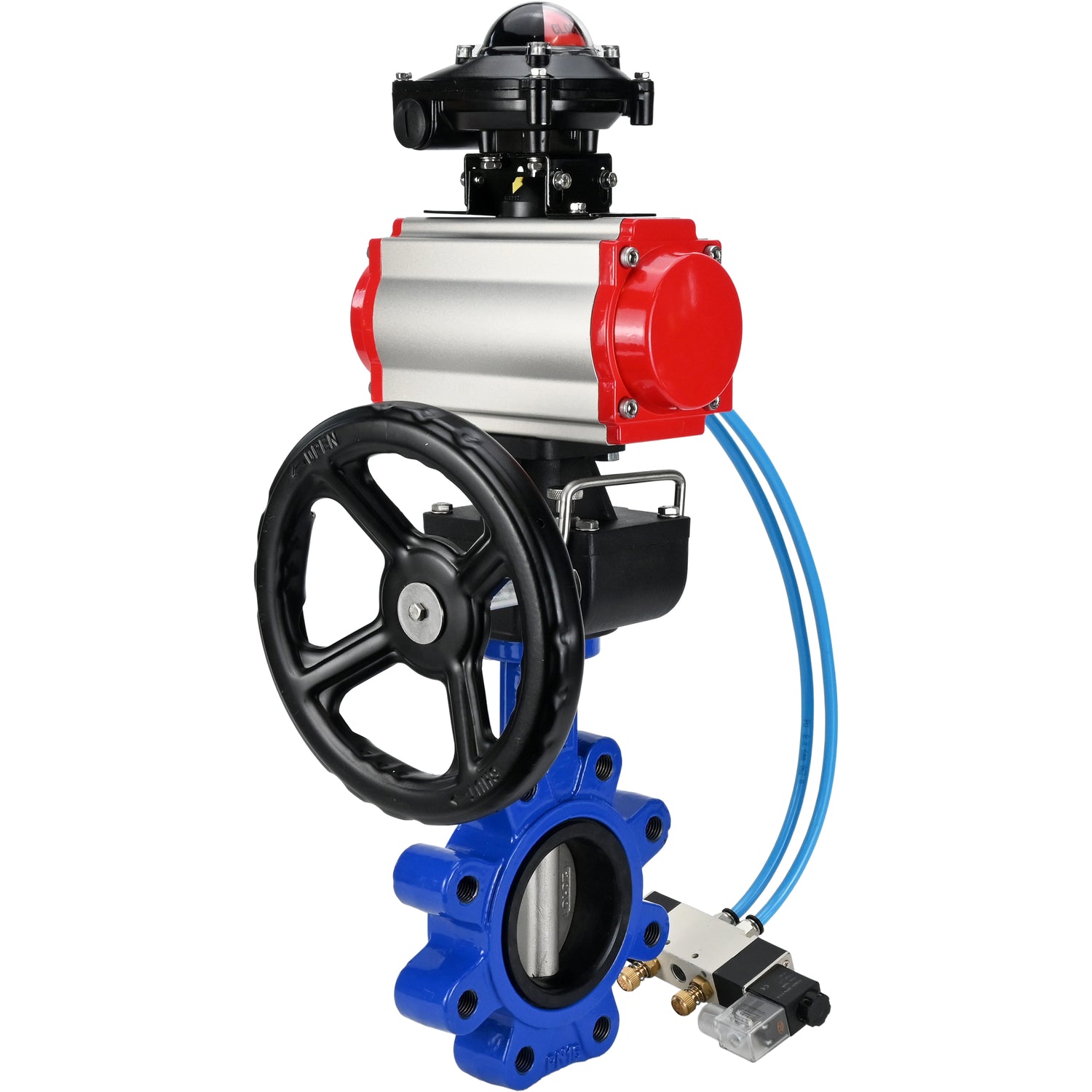 Vanne papillon d'eau Elephant WBV1631N-2W-Fb-H, matériau du corps - fonte QT450, matériau du disque - acier inoxydable AISI 304, joint - NBR, actionneur pneumatique PA-DA double action, 4V320-10 220V, BKV APL-210N, volant MON