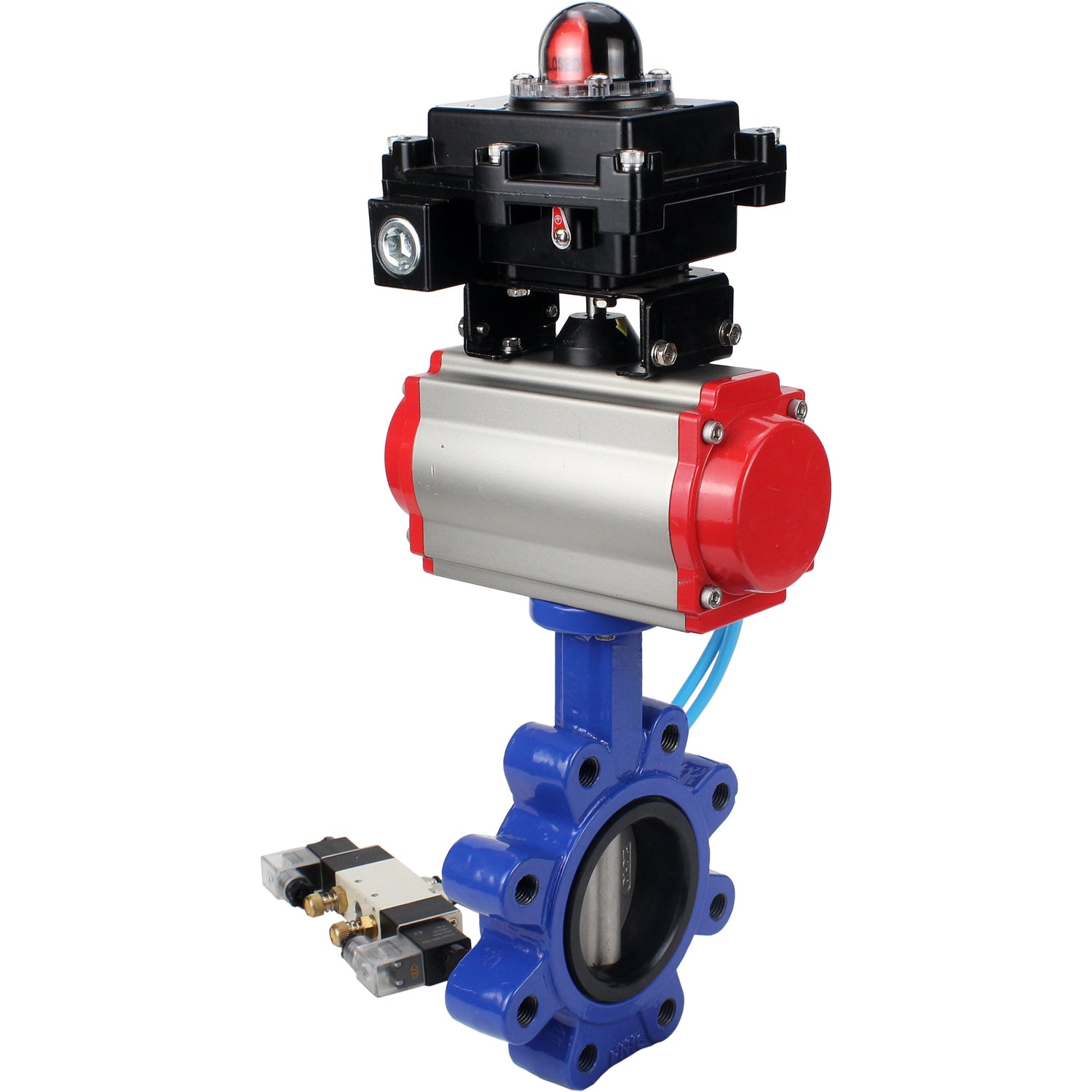 Vanne papillon d'eau Elephant WBV1631E-2W-Fb-H, matériau du corps - fonte QT450, matériau du disque - acier inoxydable AISI 304, joint - EPDM, avec actionneur pneumatique double effet PA-DA, 4V320-08 220V, BKV APL-410N EX