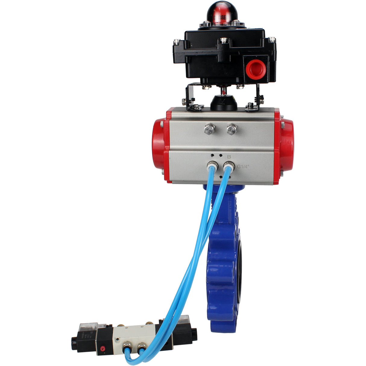 Vanne papillon d'eau Elephant WBV1631E-2W-Fb-H, matériau du corps - fonte QT450, matériau du disque - acier inoxydable AISI 304, joint - EPDM, actionneur pneumatique PA-SA avec ressorts de rappel, 4V320-08 220V, BKV APL-410N EX