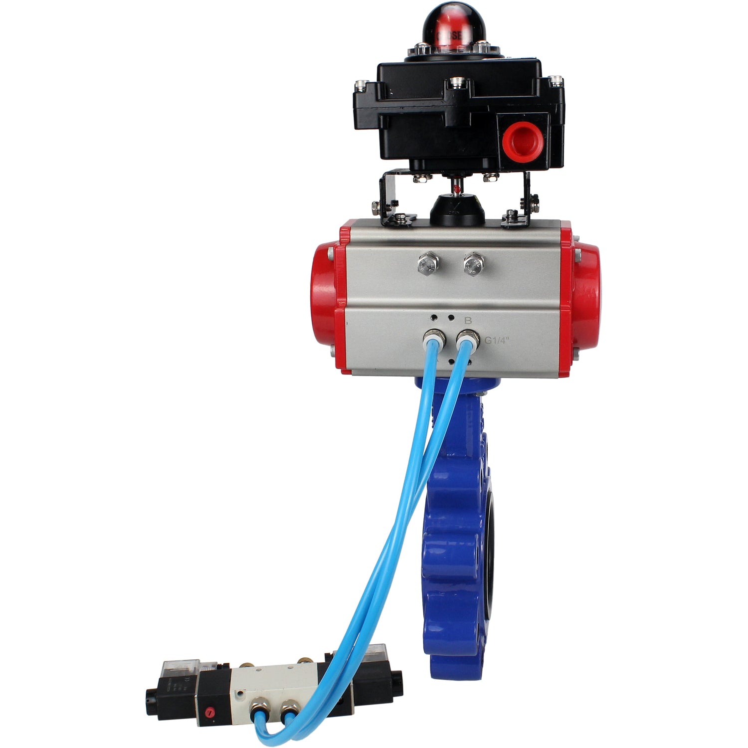 Vanne papillon d'eau Elephant WBV1631E-2W-Fb-H, matériau du corps - fonte QT450, matériau du disque - acier inoxydable AISI 304, joint - EPDM, avec actionneur pneumatique double effet PA-DA, 4V320-08 220V, BKV APL-410N EX