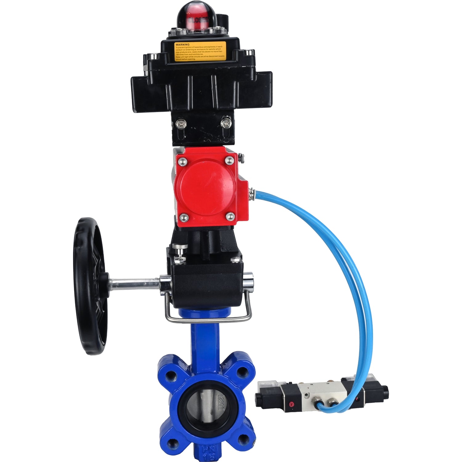 Vanne papillon d'eau Elephant WBV1631N-2W-Fb-H, matériau du corps - fonte QT450, matériau du disque - acier inoxydable AISI 304, joint - NBR, actionneur pneumatique PA-DA double action, 4V320-08 220V, BKV APL-410N EX, volant MON, BPV AFC2000