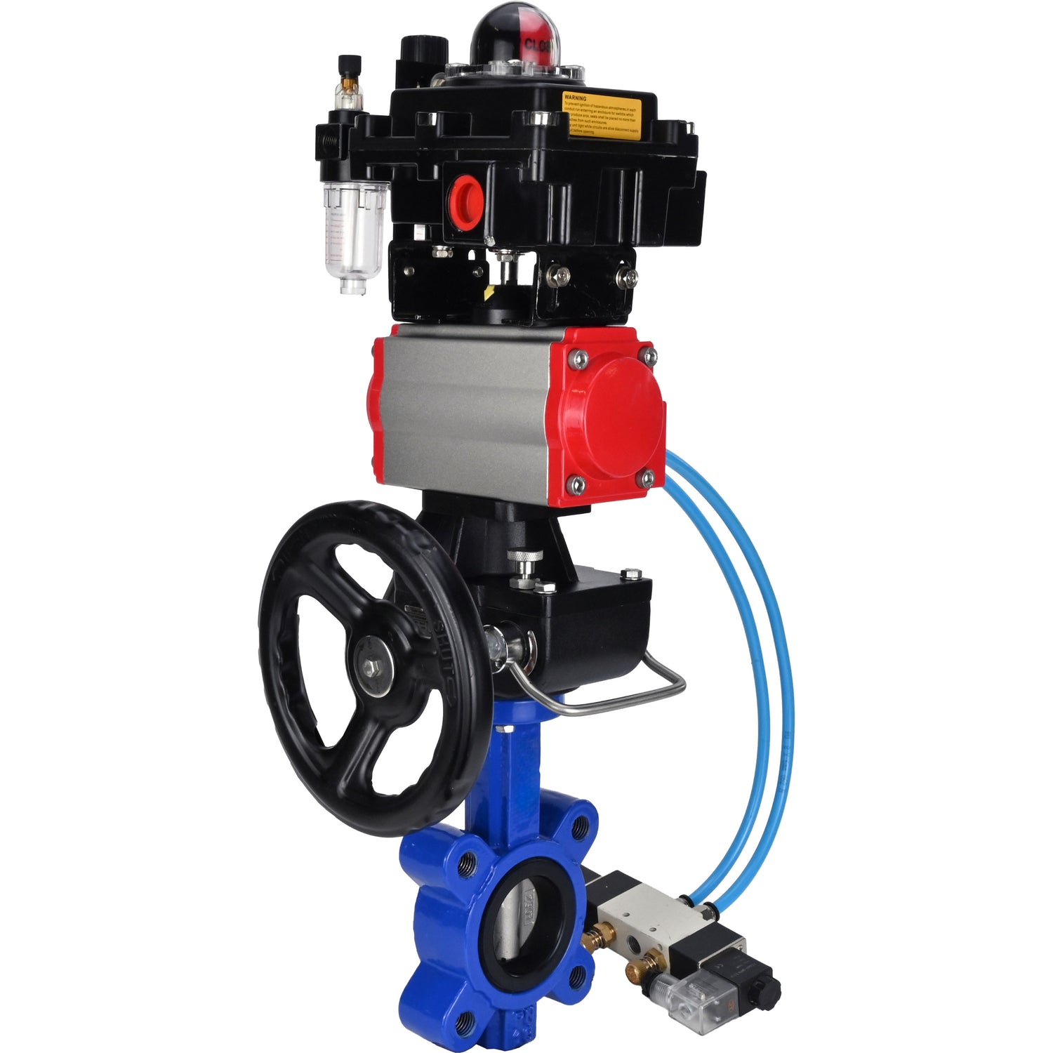 Vanne papillon d'eau Elephant WBV1631N-2W-Fb-H, matériau du corps - fonte QT450, matériau du disque - acier inoxydable AISI 304, joint - NBR, actionneur pneumatique PA-DA double action, 4V320-08 220V, BKV APL-410N EX, volant MON, BPV AFC2000