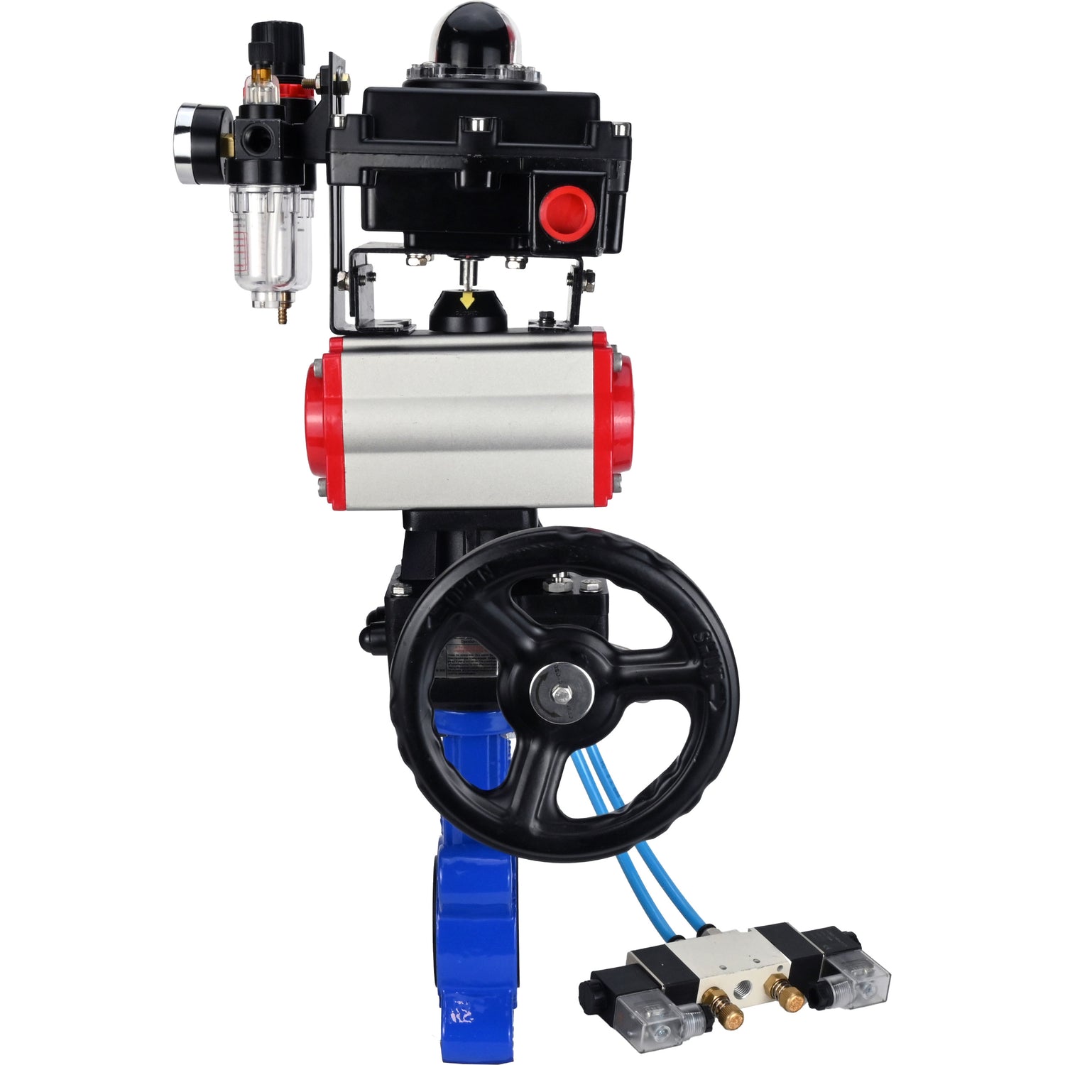 Vanne papillon d'eau Elephant WBV1631N-2W-Fb-H, matériau du corps - fonte QT450, matériau du disque - acier inoxydable AISI 304, joint - NBR, actionneur pneumatique PA-DA double action, 4V320-08 220V, BKV APL-410N EX, volant MON, BPV AFC2000