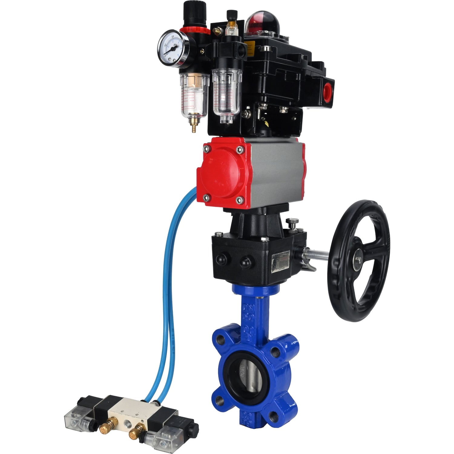 Vanne papillon d'eau Elephant WBV1631N-2W-Fb-H, matériau du corps - fonte QT450, matériau du disque - acier inoxydable AISI 304, joint - NBR, actionneur pneumatique PA-DA double action, 4V320-08 220V, BKV APL-410N EX, volant MON, BPV AFC2000