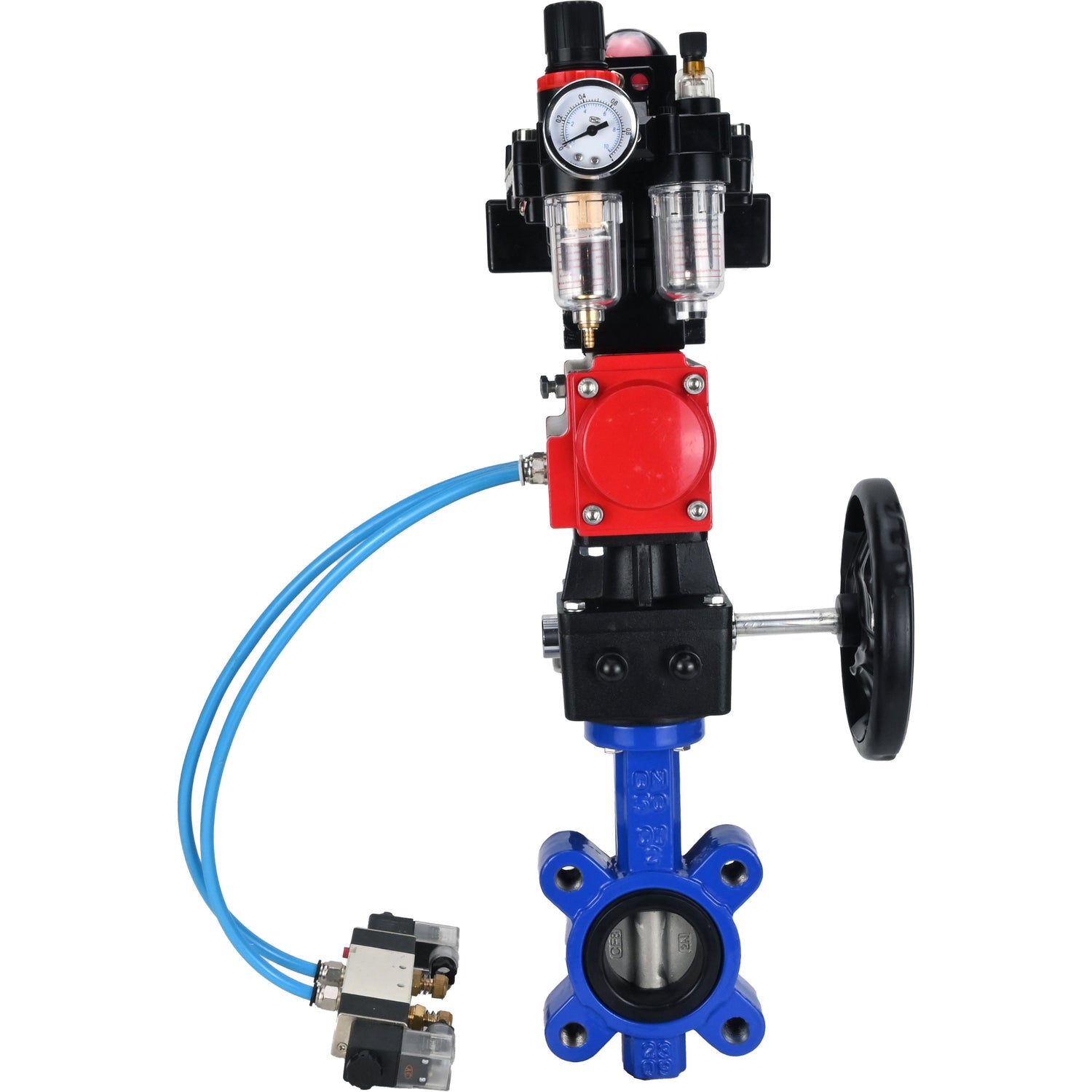 Vanne papillon d'eau Elephant WBV1631N-2W-Fb-H, matériau du corps - fonte QT450, matériau du disque - acier inoxydable AISI 304, joint - NBR, actionneur pneumatique PA-DA double action, 4V320-08 220V, BKV APL-410N EX, volant MON, BPV AFC2000