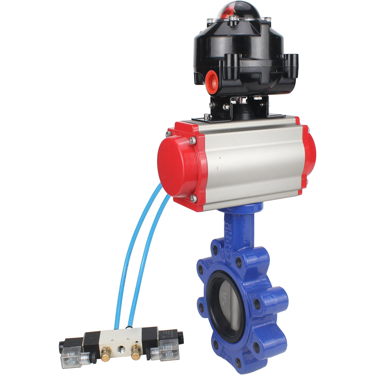 Vanne papillon d'eau Elephant WBV1631N-2W-Fb-H, matériau du corps - fonte QT450, matériau du disque - acier inoxydable AISI 304, joint - NBR, actionneur pneumatique PA-SA avec ressorts de rappel, 4V320-08 220V, BKV APL-510N EX