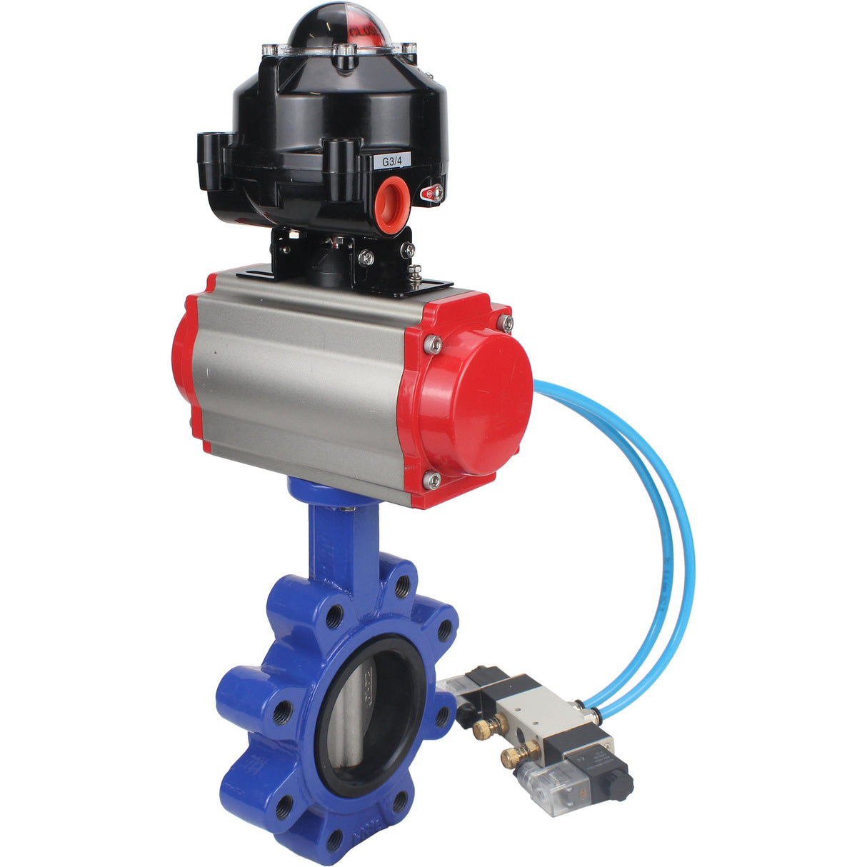 Vanne papillon d'eau Elephant WBV1631E-2W-Fb-H, matériau du corps - fonte QT450, matériau du disque - acier inoxydable AISI 304, joint - EPDM, actionneur pneumatique PA-SA avec ressorts de rappel, 4V320-08 220V, BKV APL-510N EX