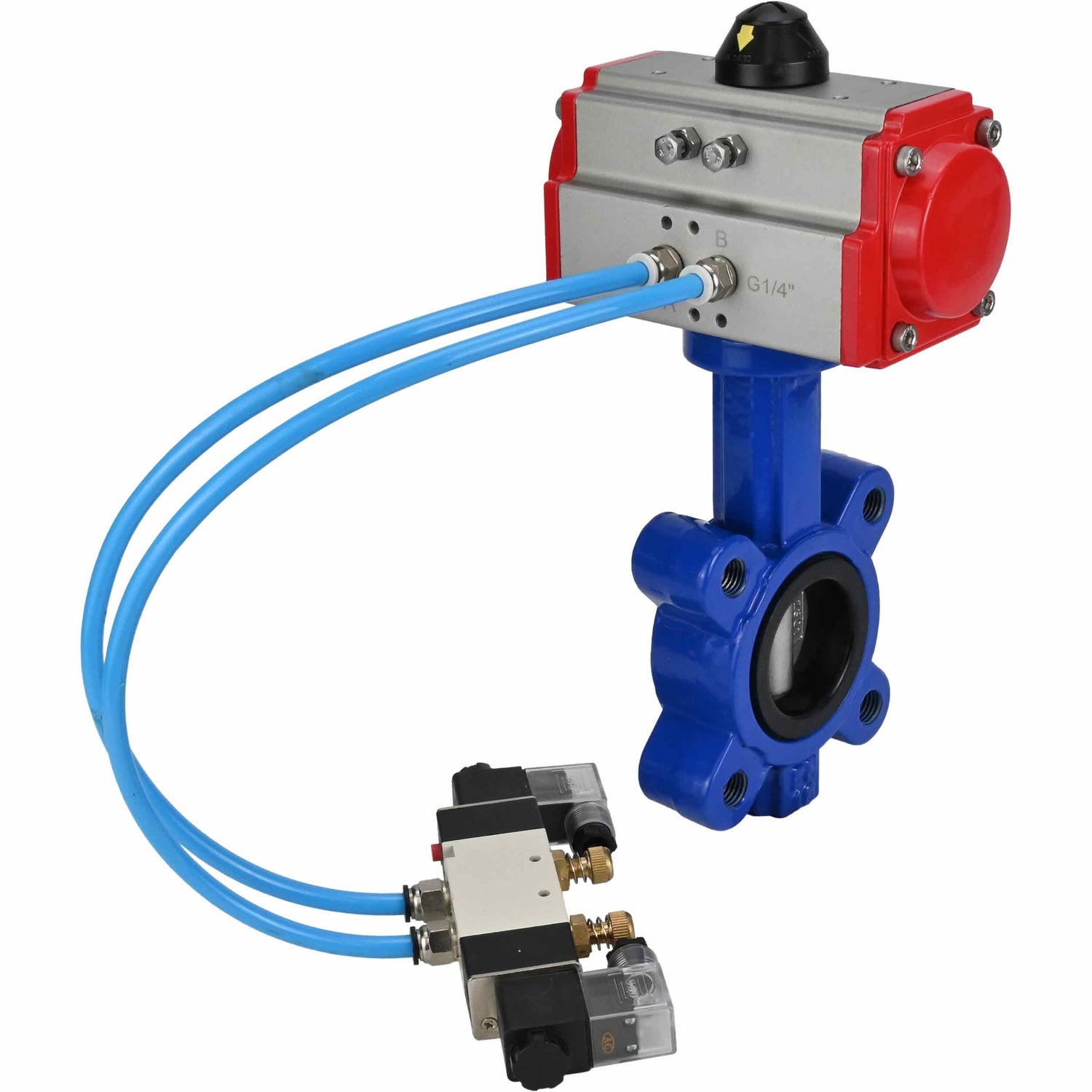 Vanne papillon d'eau Elephant WBV1631N-2W-Fb-H, matériau du corps - fonte QT450, matériau du disque - acier inoxydable AISI 304, joint - NBR, avec actionneur pneumatique double effet PA-DA, 4V320-08 220V