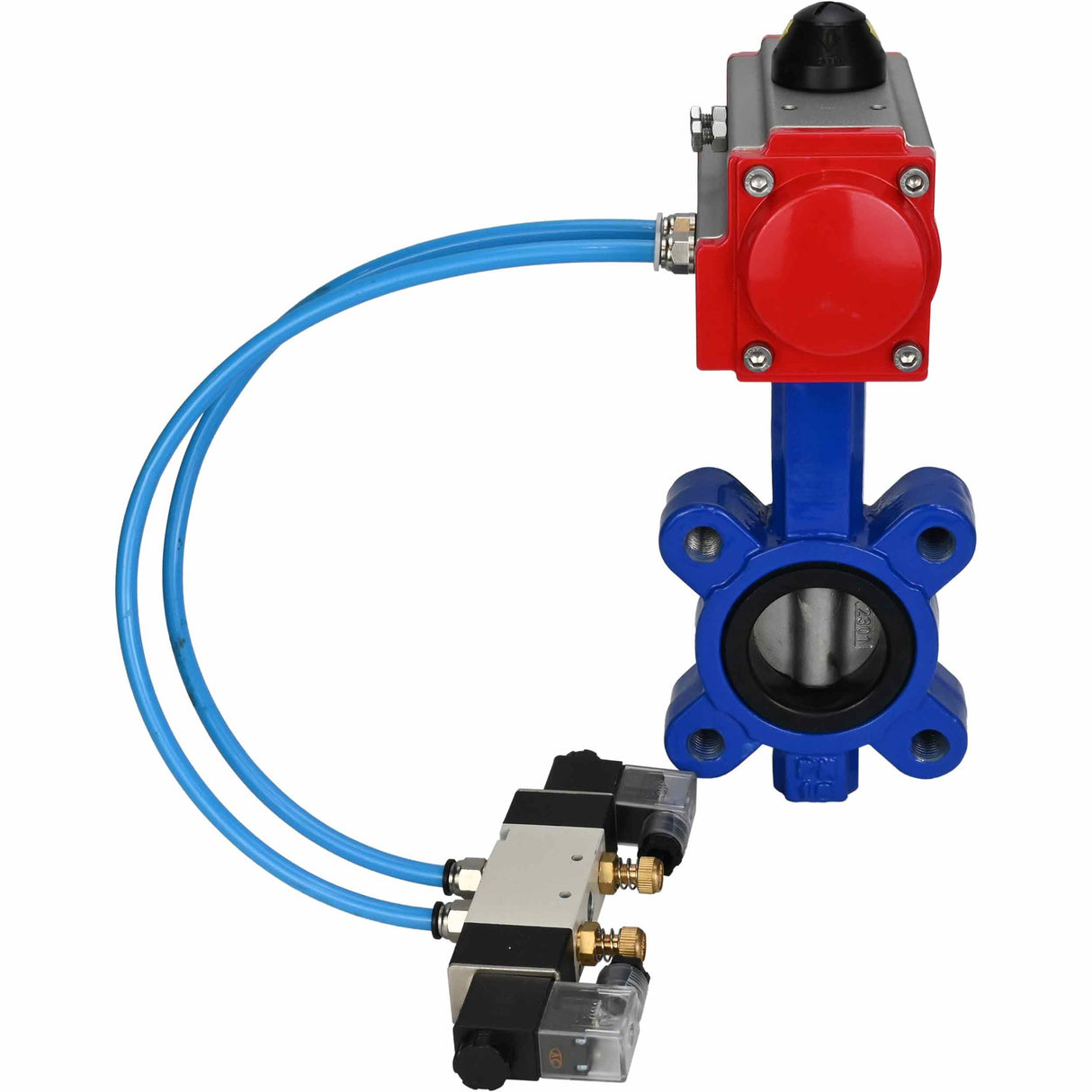 Vanne papillon d'eau Elephant WBV1631N-2W-Fb-H, matériau du corps - fonte QT450, matériau du disque - acier inoxydable AISI 304, joint - NBR, avec actionneur pneumatique double effet PA-DA, 4V320-10 220V