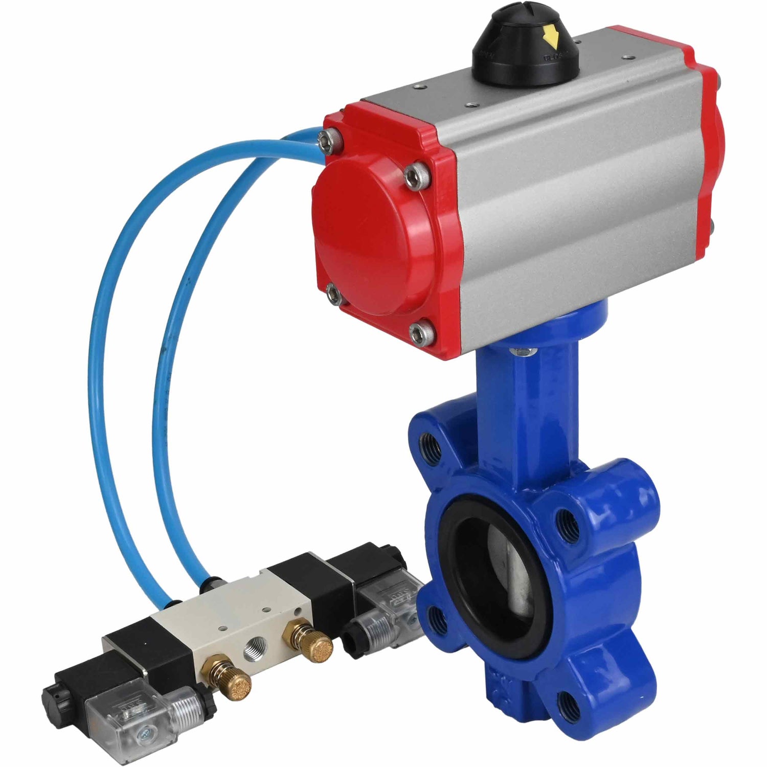 Vanne papillon d'eau Elephant WBV1631N-2W-Fb-H, matériau du corps - fonte QT450, matériau du disque - acier inoxydable AISI 304, joint - NBR, avec actionneur pneumatique double effet PA-DA, 4V320-08 220V