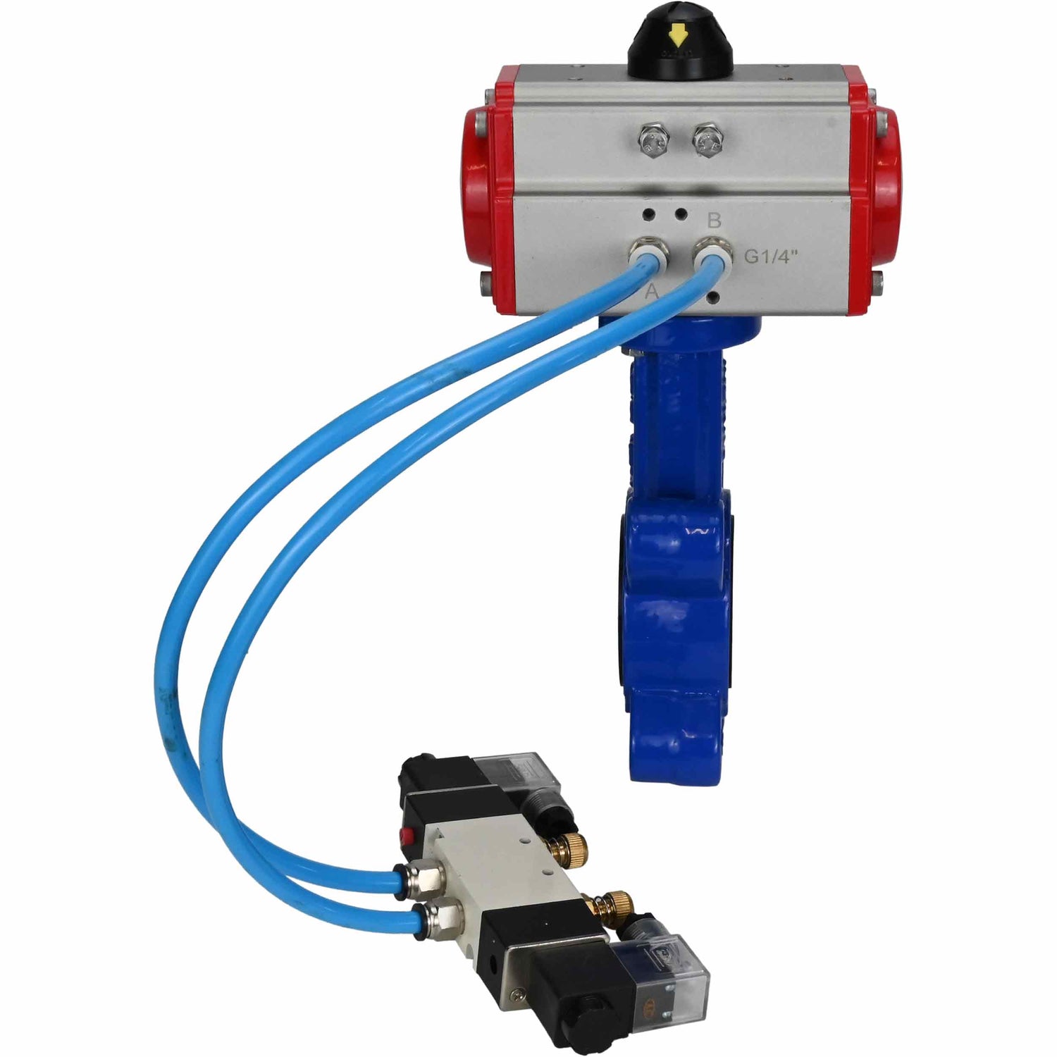 Vanne papillon d'eau Elephant WBV1631N-2W-Fb-H, matériau du corps - fonte QT450, matériau du disque - acier inoxydable AISI 304, joint - NBR, avec actionneur pneumatique double effet PA-DA, 4V320-08 220V